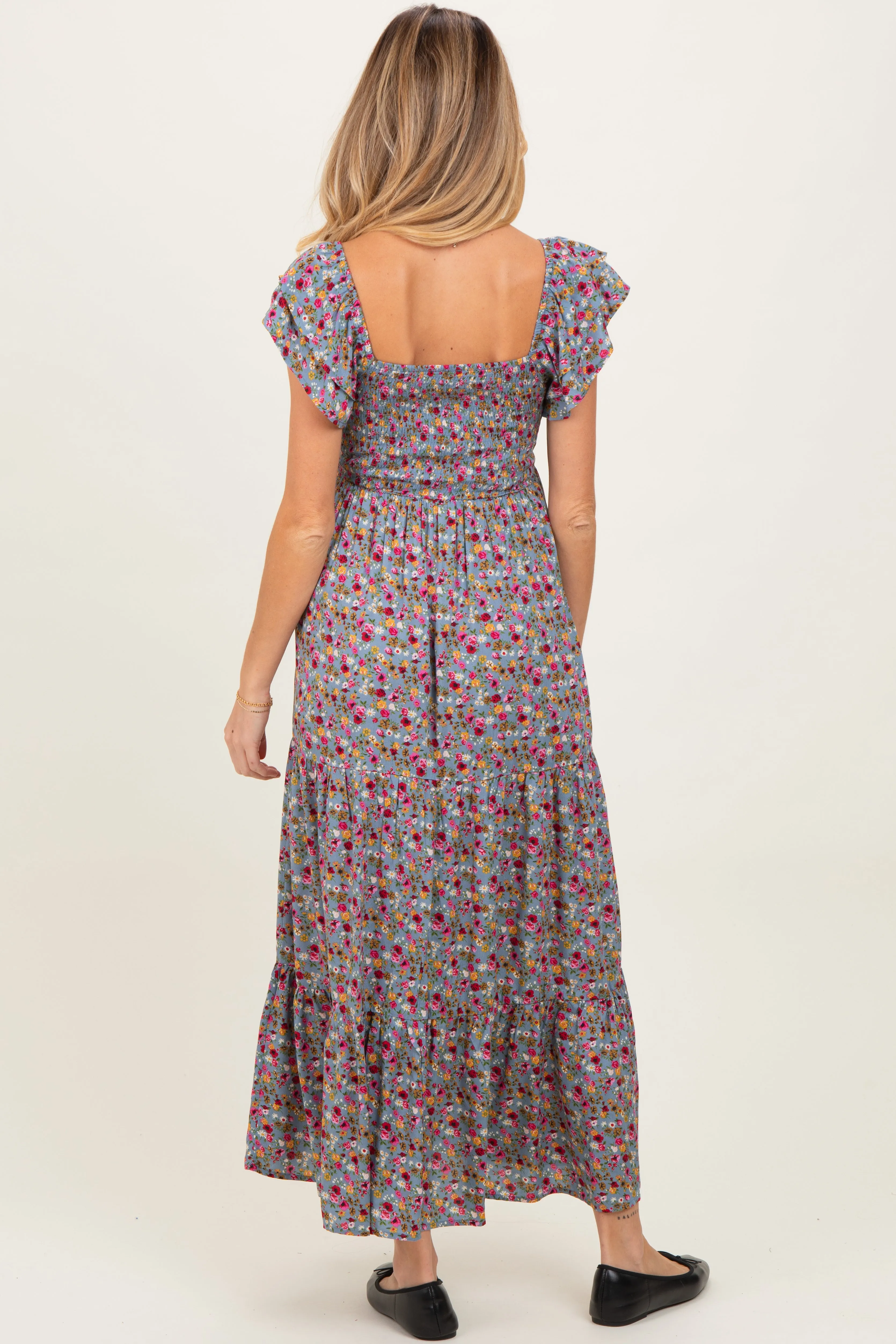 Blue Floral Off Shoulder Smocked Maternity Maxi Dress sold by Pinkblush product image thumbnail 4