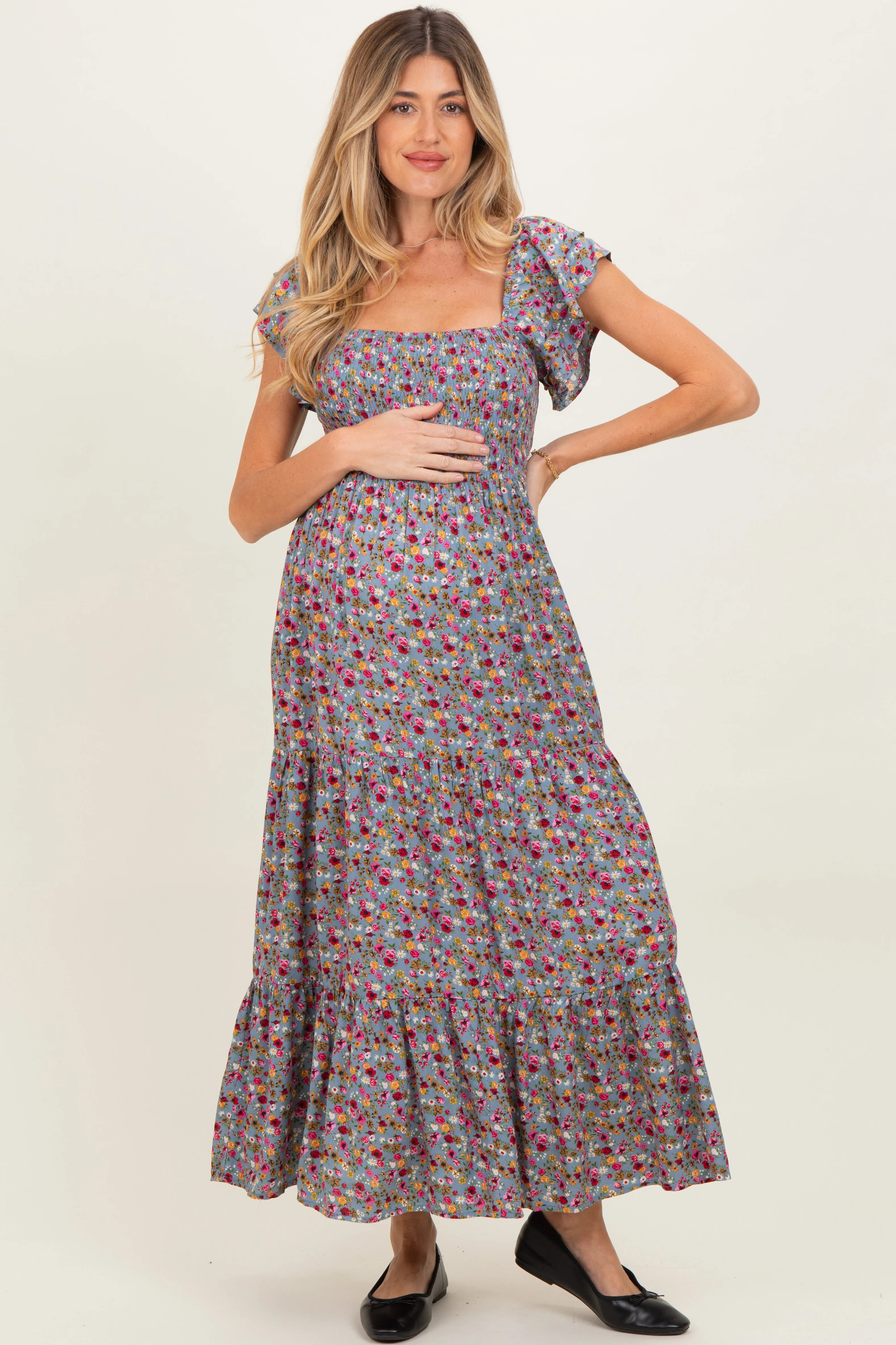 Blue Floral Off Shoulder Smocked Maternity Maxi Dress sold by Pinkblush