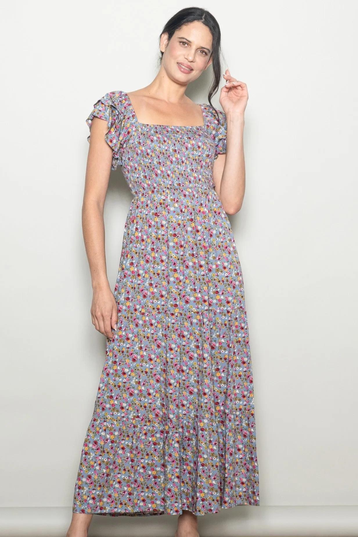 Blue Floral Off Shoulder Smocked Maternity Maxi Dress sold by Pinkblush product image thumbnail 5