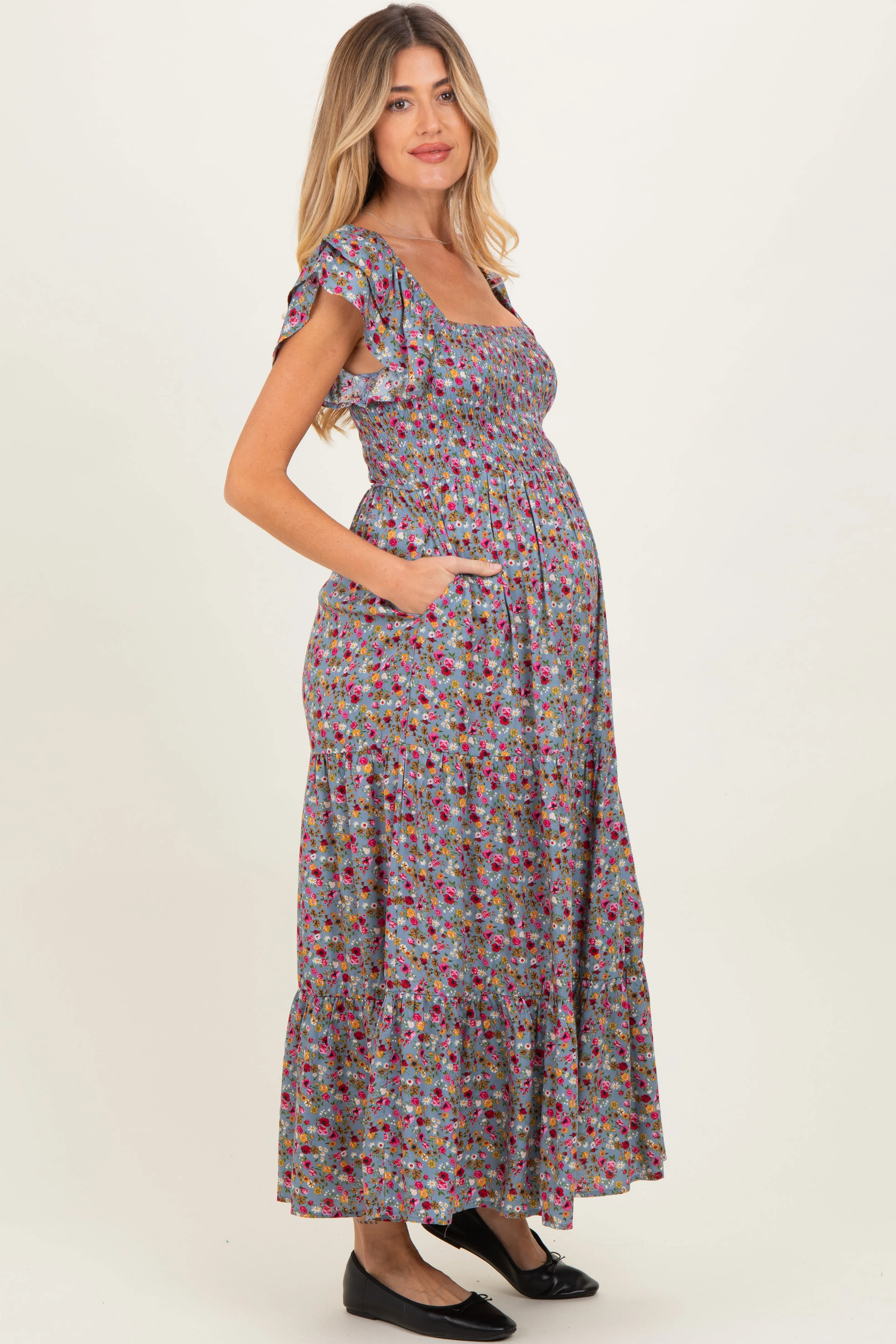 Blue Floral Off Shoulder Smocked Maternity Maxi Dress sold by Pinkblush product image thumbnail 3