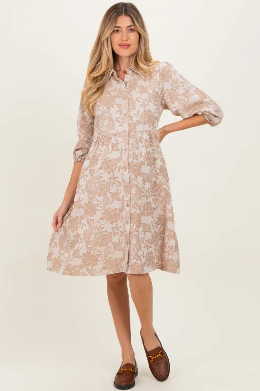 Beige Floral Button Down 3/4 Sleeve Maternity Midi Dress sold by Pinkblush