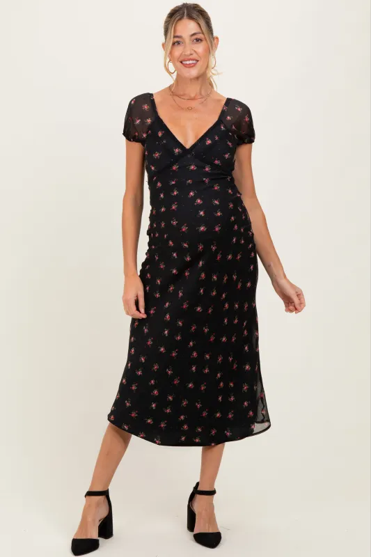 Black Floral Chiffon Maternity Midi Dress sold by Pinkblush