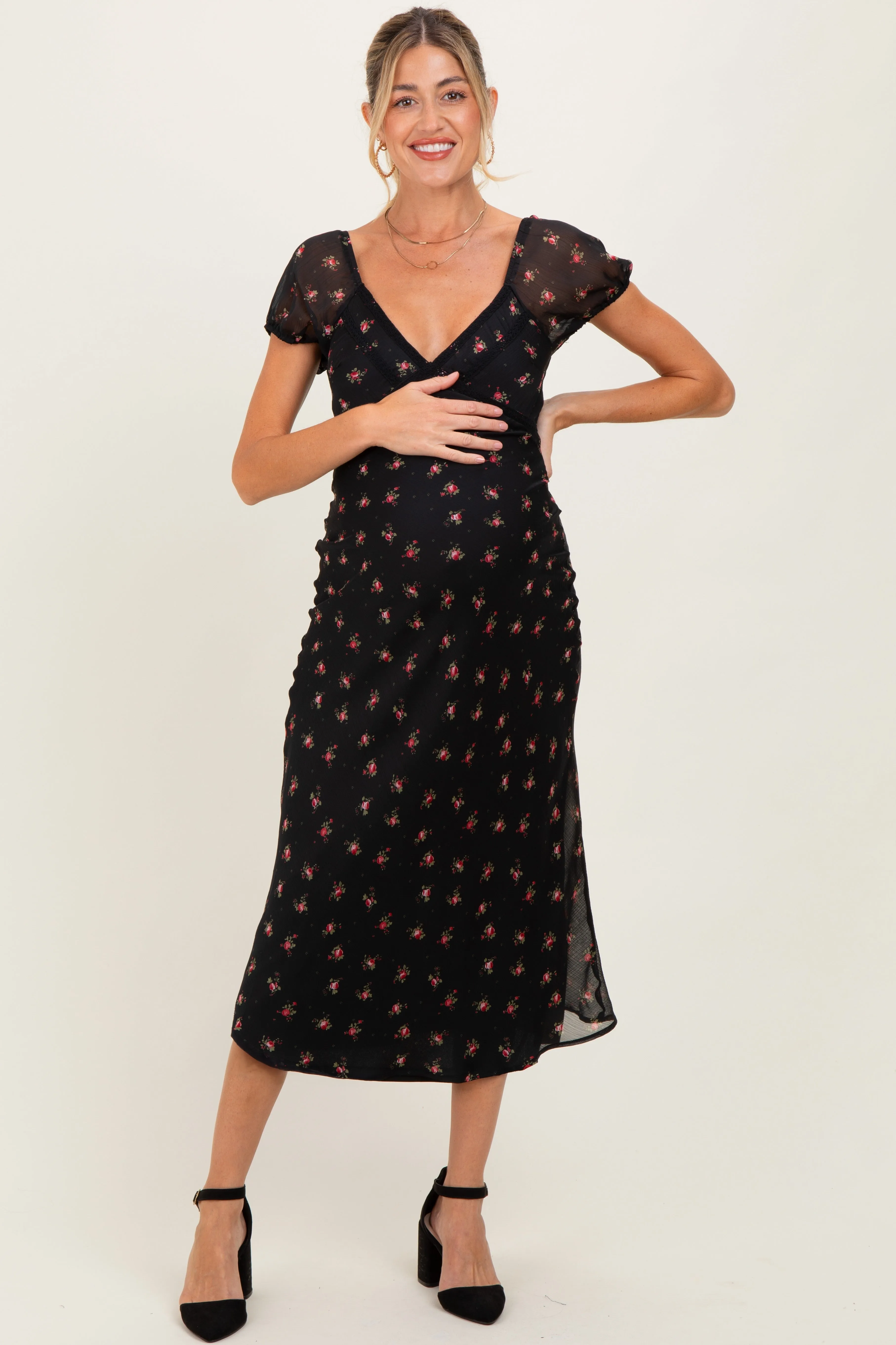 Black Floral Chiffon Maternity Midi Dress sold by Pinkblush product image thumbnail 2