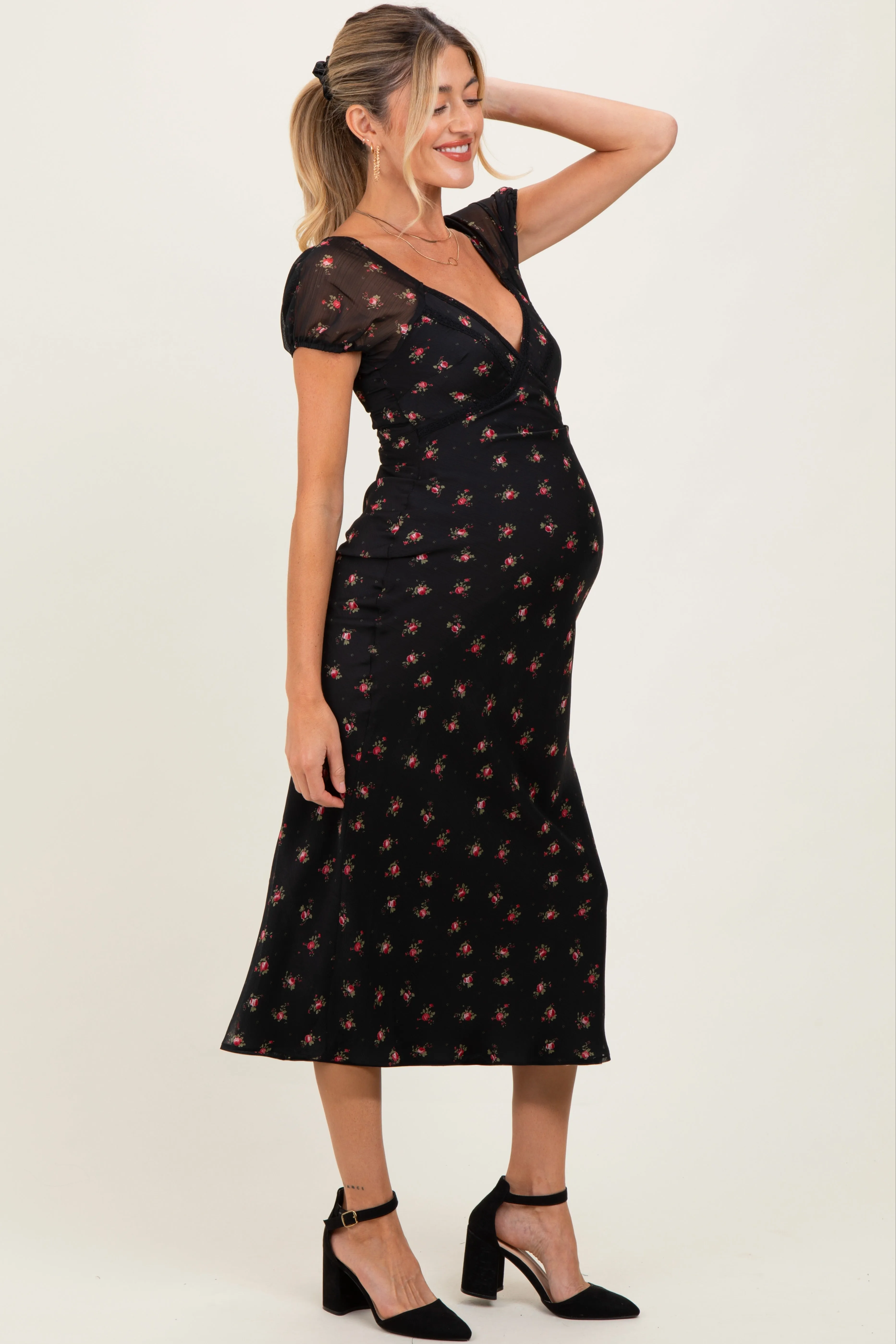 Black Floral Chiffon Maternity Midi Dress sold by Pinkblush product image thumbnail 3