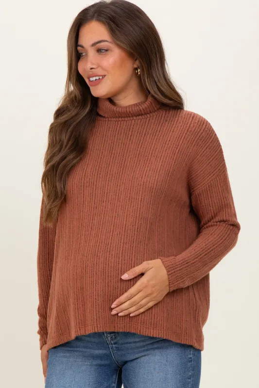 Rust Ribbed Turtle Neck Maternity Long Sleeve Top sold by Pinkblush