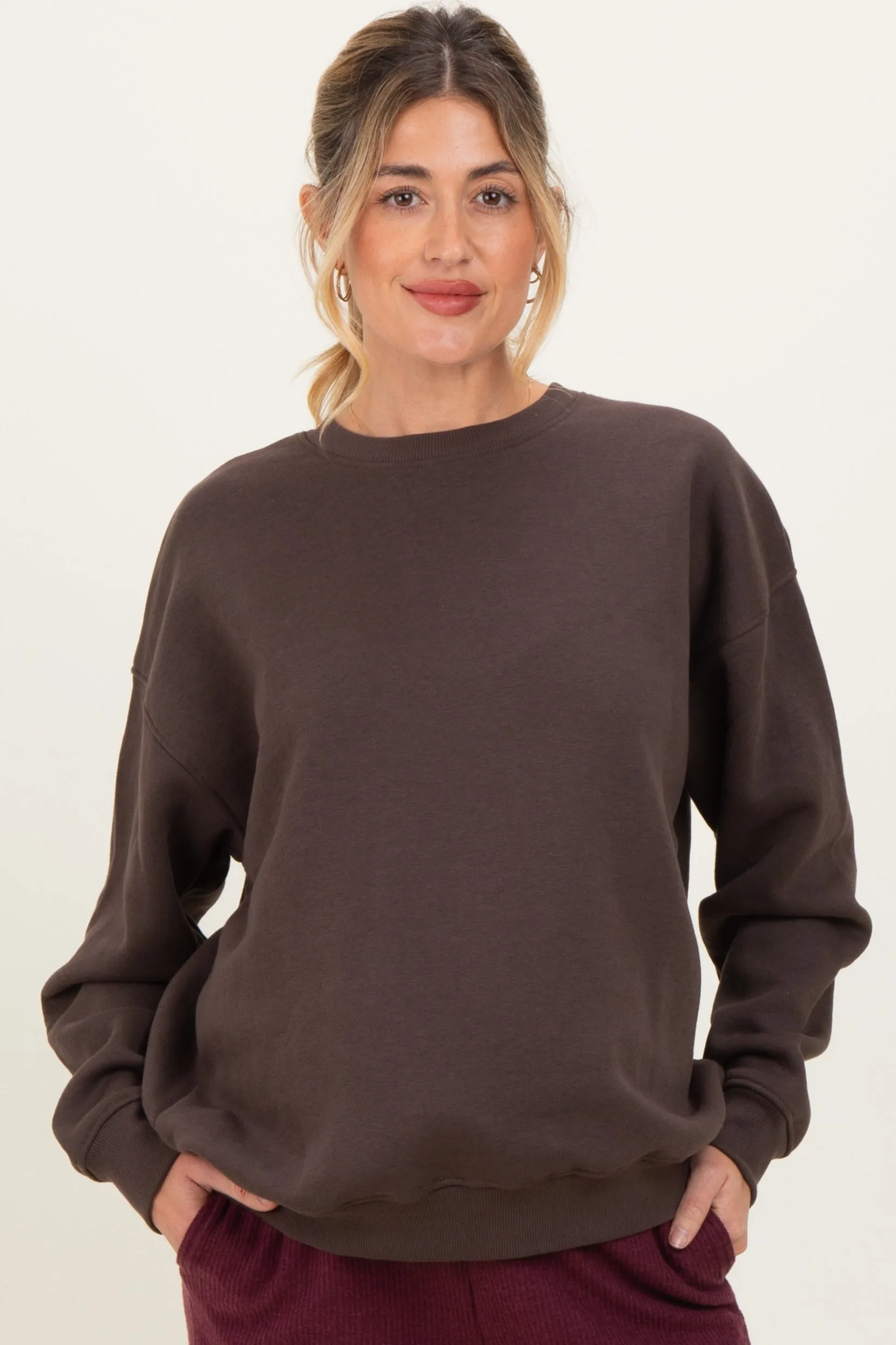 Brown Oversized Fleece Maternity Sweatshirt sold by Pinkblush