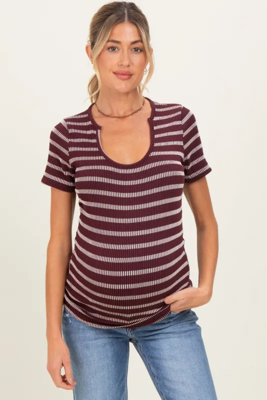 Burgundy Stripe Short Sleeve Round Neck Maternity Top sold by Pinkblush