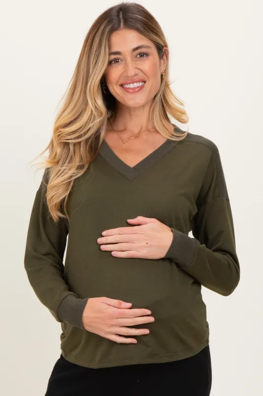 Olive V-Neck Knit Maternity Long Sleeve Top sold by Pinkblush
