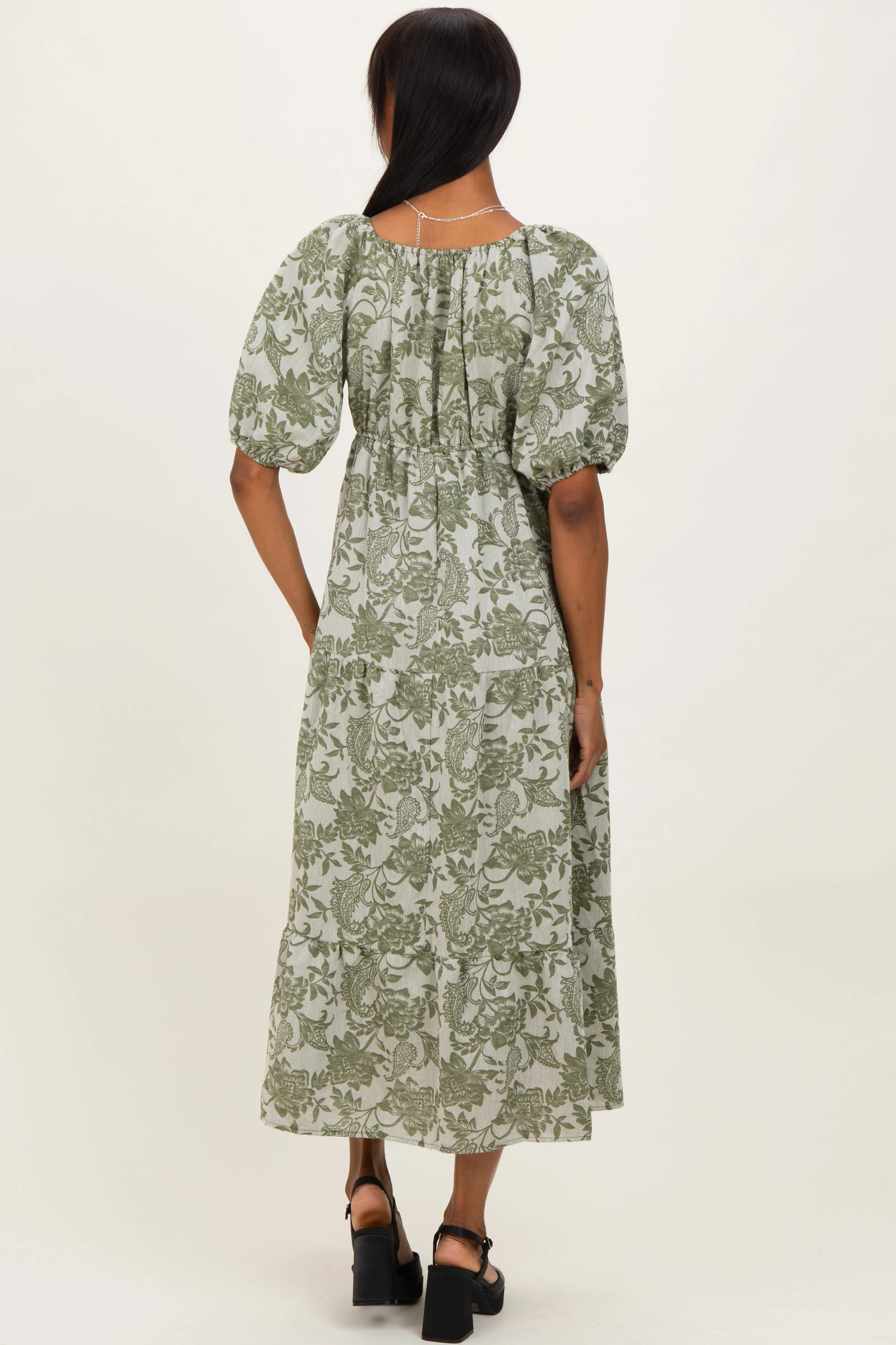 Green Floral V-Neck 3/4 Sleeve Midi Dress sold by Pinkblush product image thumbnail 4