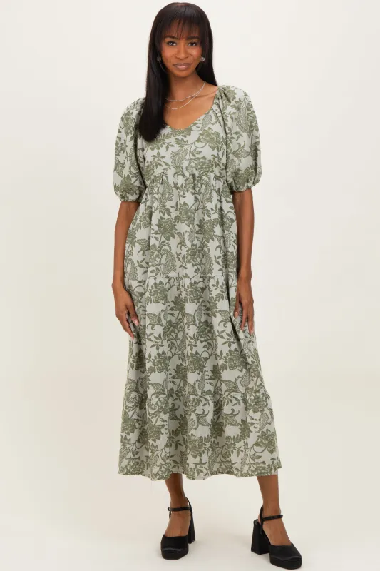 Green Floral V-Neck 3/4 Sleeve Midi Dress sold by Pinkblush