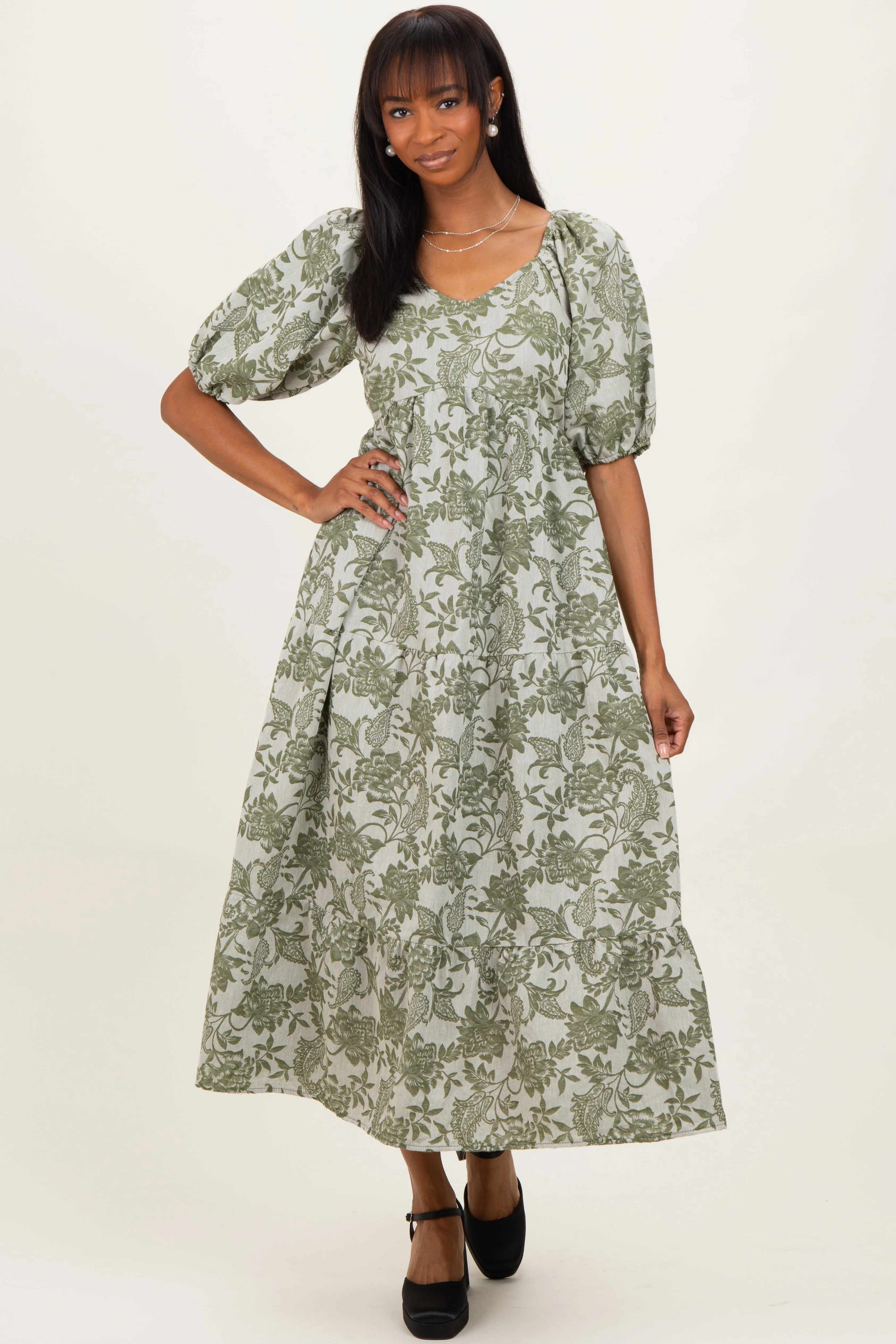 Green Floral V-Neck 3/4 Sleeve Midi Dress sold by Pinkblush product image thumbnail 2