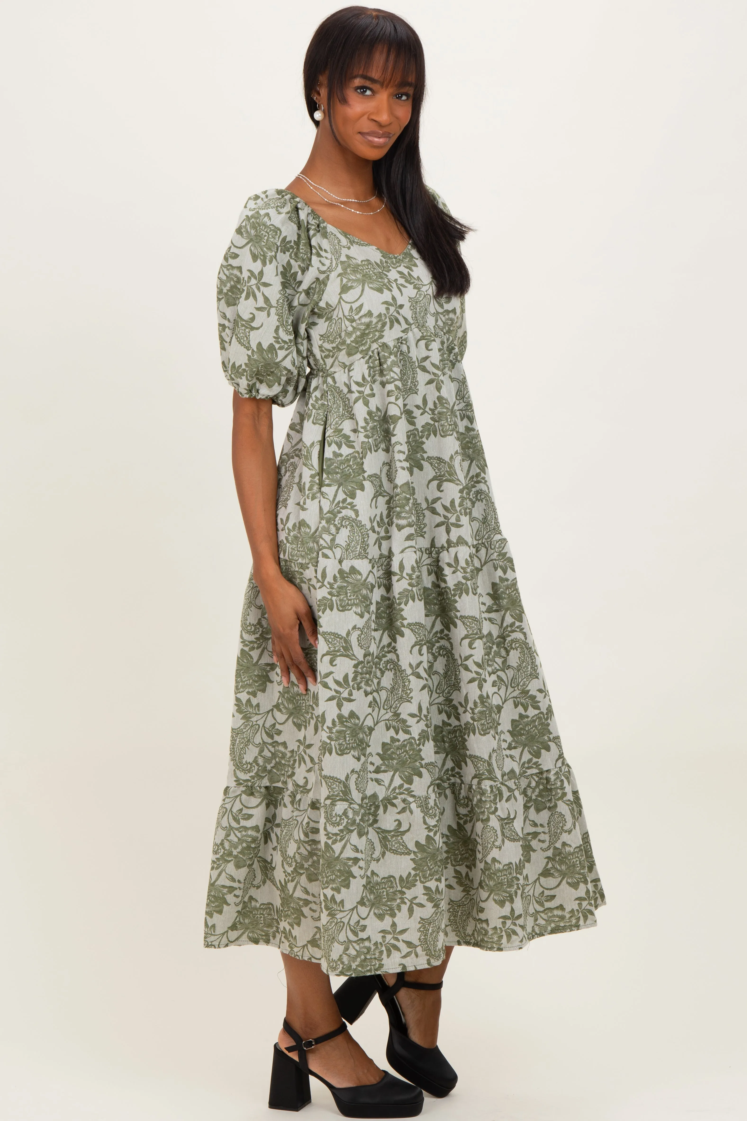 Green Floral V-Neck 3/4 Sleeve Midi Dress sold by Pinkblush product image thumbnail 3