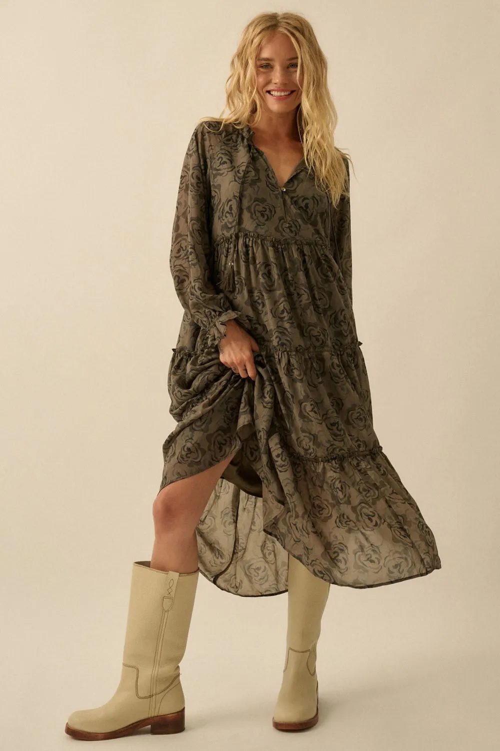 Olive Rose Floral Tiered Ruffle Midi Dress sold by Pinkblush