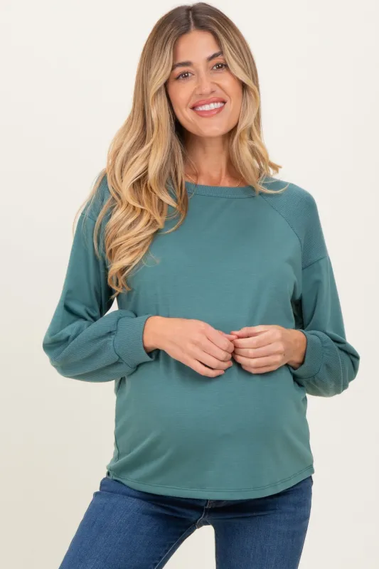 Teal Ribbed Bubble Sleeve Maternity Top sold by Pinkblush