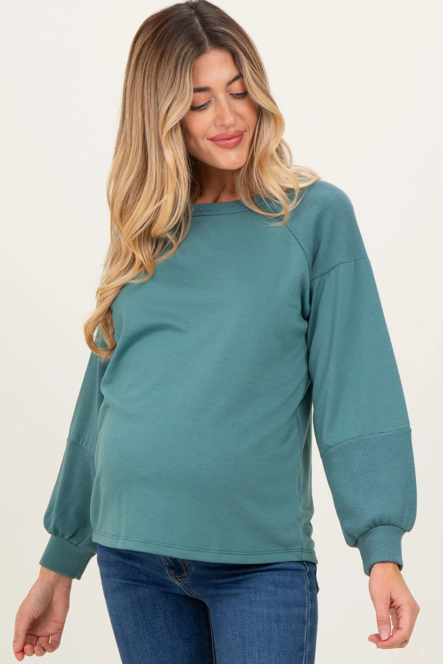 Teal Ribbed Bubble Sleeve Maternity Top sold by Pinkblush product image thumbnail 2