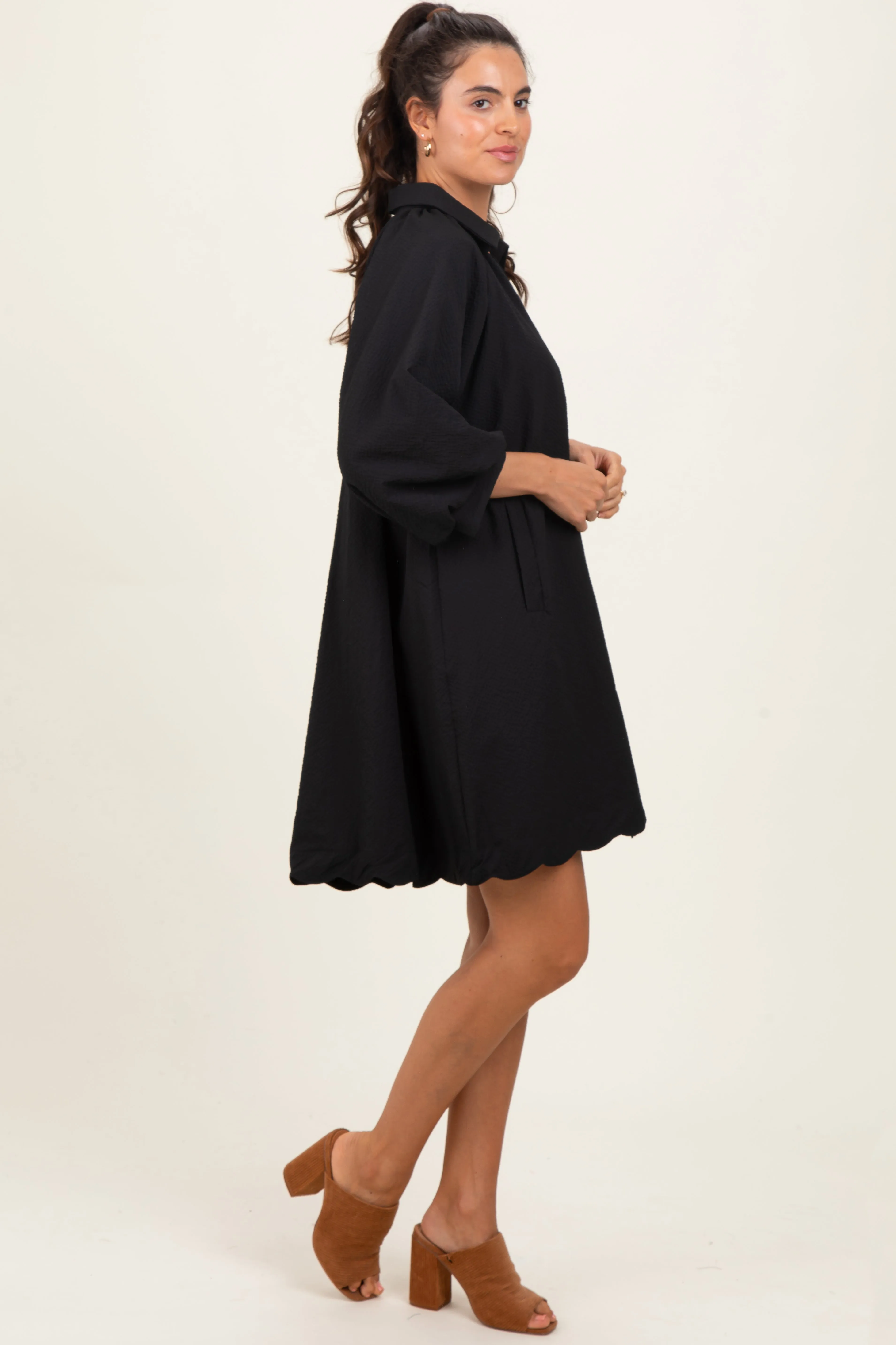 Black Textured Collared 3/4 Puff Sleeve Dress sold by Pinkblush product image thumbnail 2