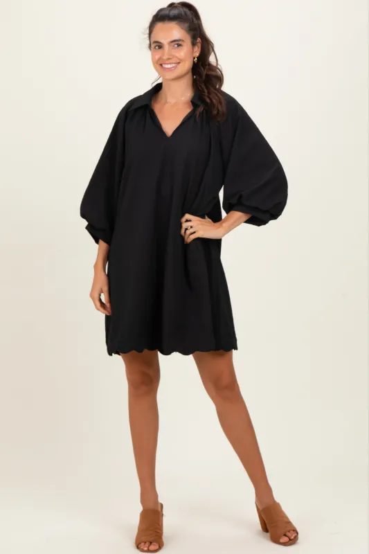 Black Textured Collared 3/4 Puff Sleeve Dress sold by Pinkblush