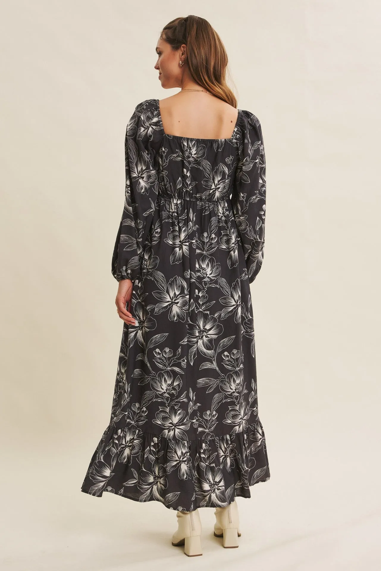 Charcoal Floral Smocked Long Sleeve Maxi Dress sold by Pinkblush product image thumbnail 3