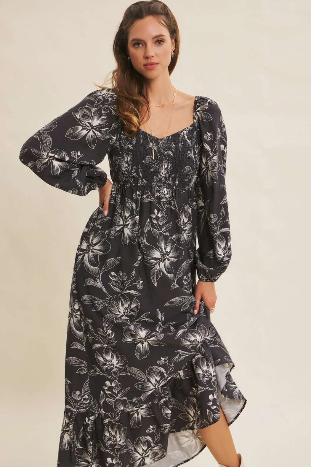 Charcoal Floral Smocked Long Sleeve Maxi Dress sold by Pinkblush product image thumbnail 4