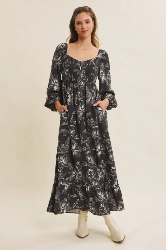 Charcoal Floral Smocked Long Sleeve Maxi Dress sold by Pinkblush