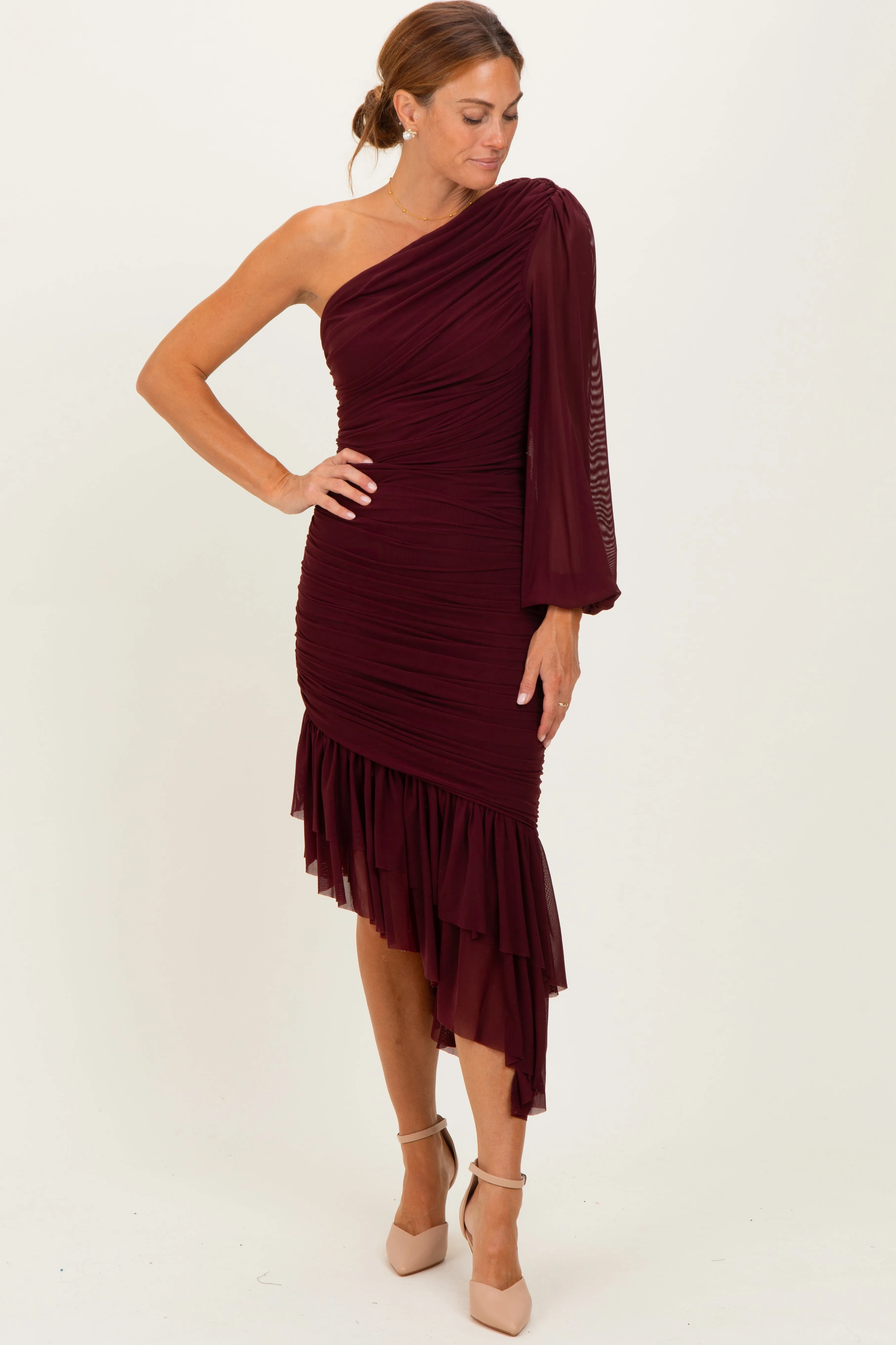 Dark Burgundy Mesh Ruched One Shoulder Asymmetric Dress sold by Pinkblush product image thumbnail 2