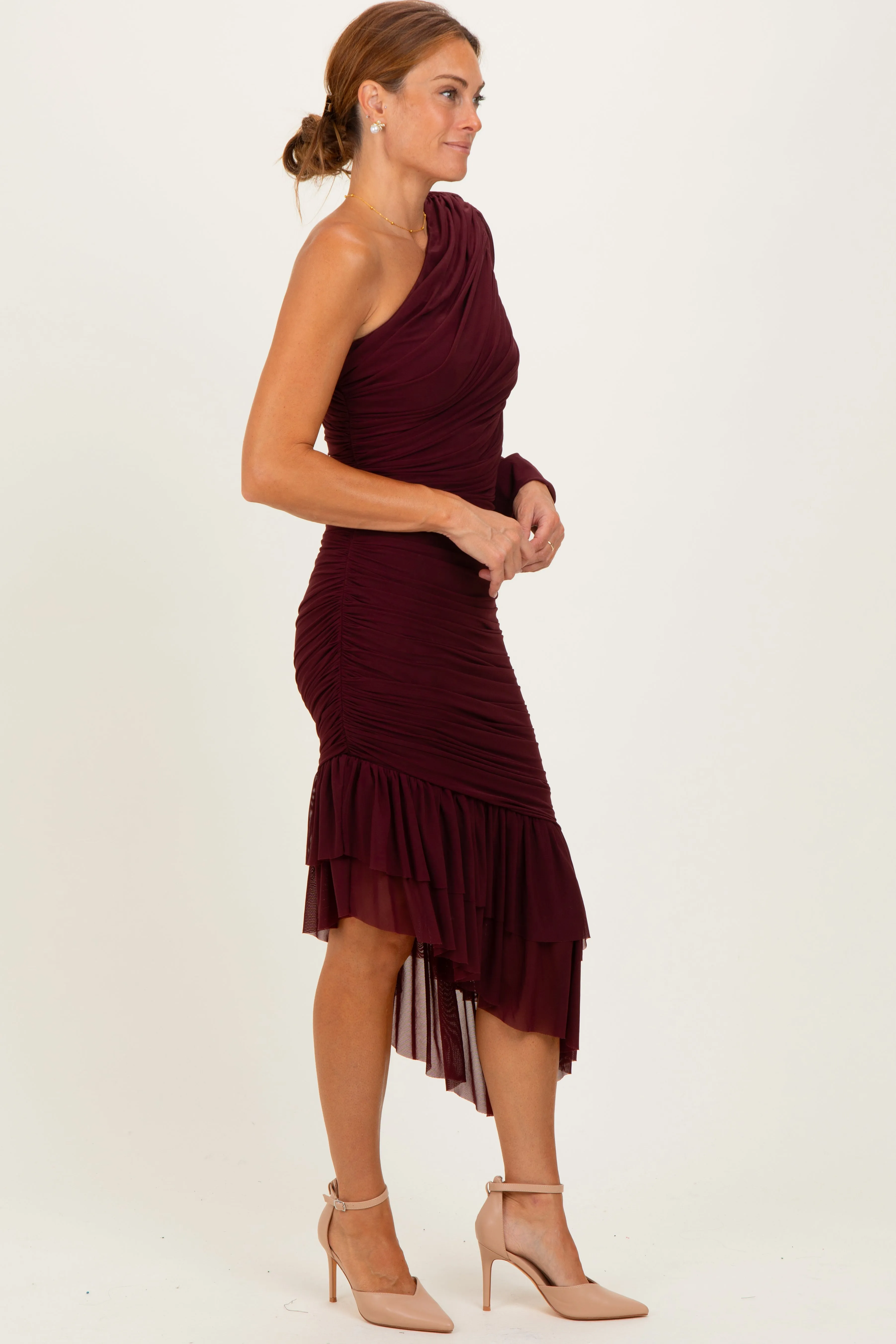 Dark Burgundy Mesh Ruched One Shoulder Asymmetric Dress sold by Pinkblush product image thumbnail 3