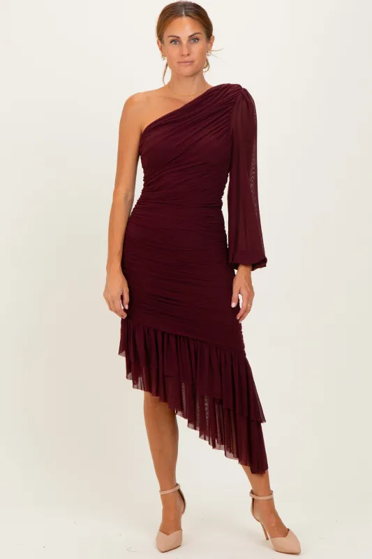 Dark Burgundy Mesh Ruched One Shoulder Asymmetric Dress sold by Pinkblush