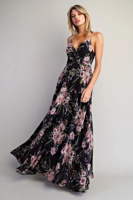 Black Floral V-Neck Sleeveless Maxi Dress sold by Pinkblush