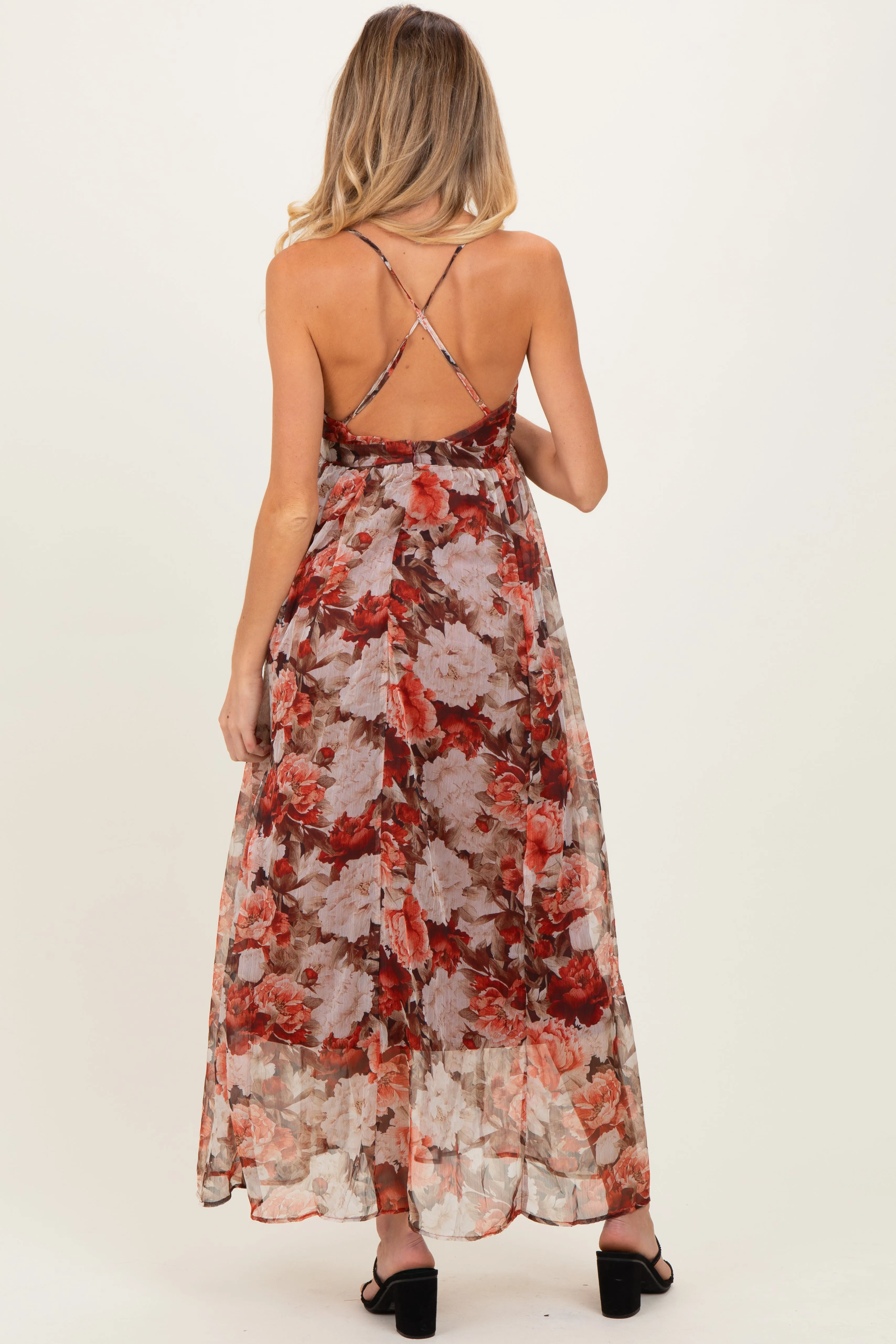 Burgundy Floral Deep V-Neck Open Back Maternity Maxi Dress sold by Pinkblush product image thumbnail 4