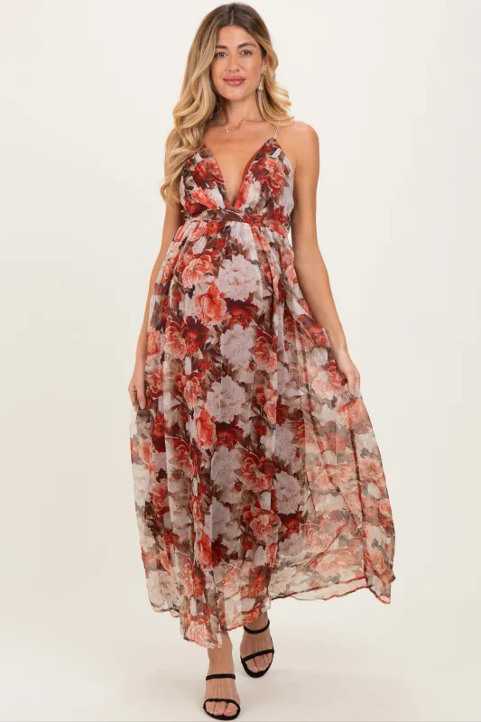 Burgundy Floral Deep V-Neck Open Back Maternity Maxi Dress sold by Pinkblush