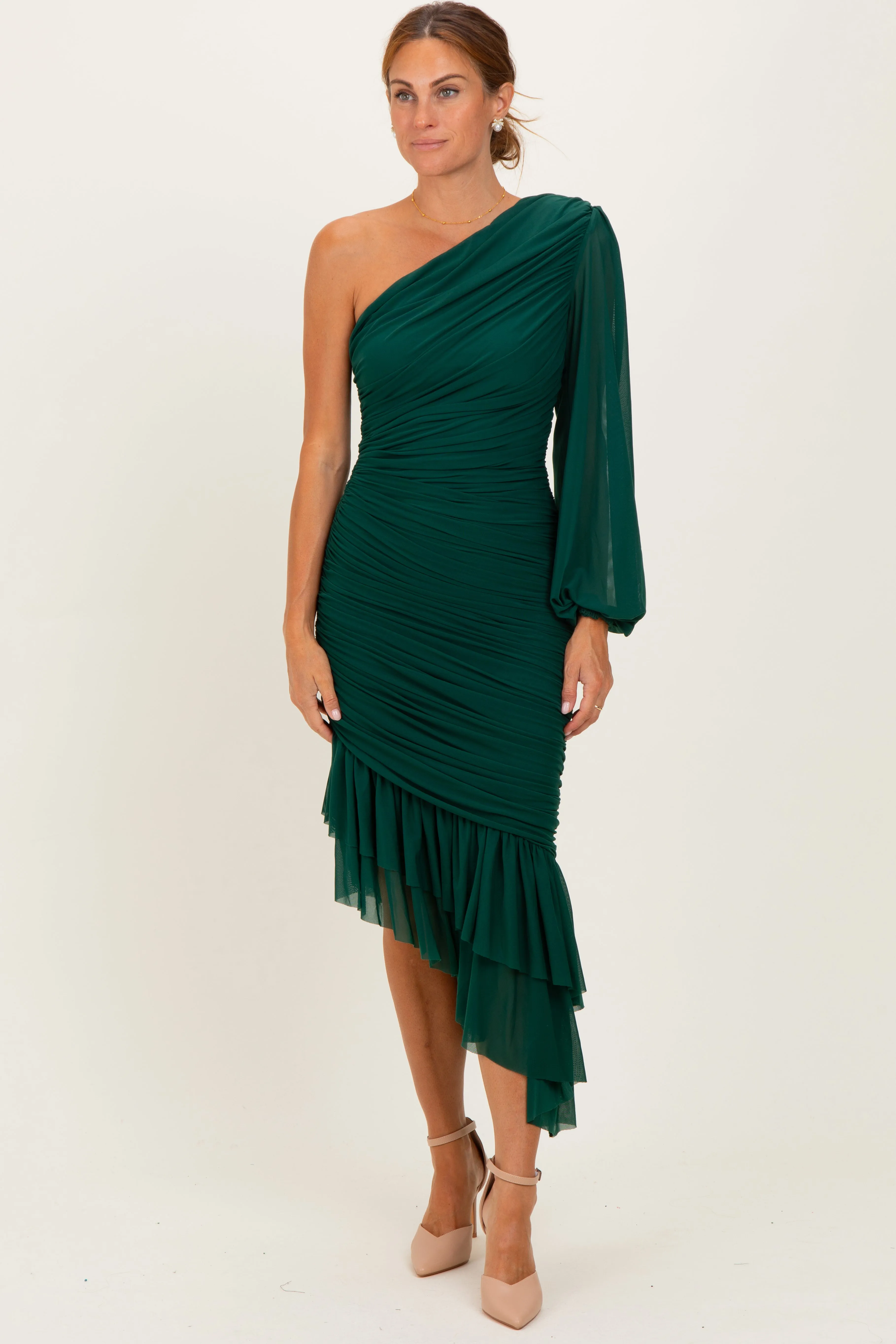 Forest Green Mesh Ruched One Shoulder Asymmetric Dress sold by Pinkblush