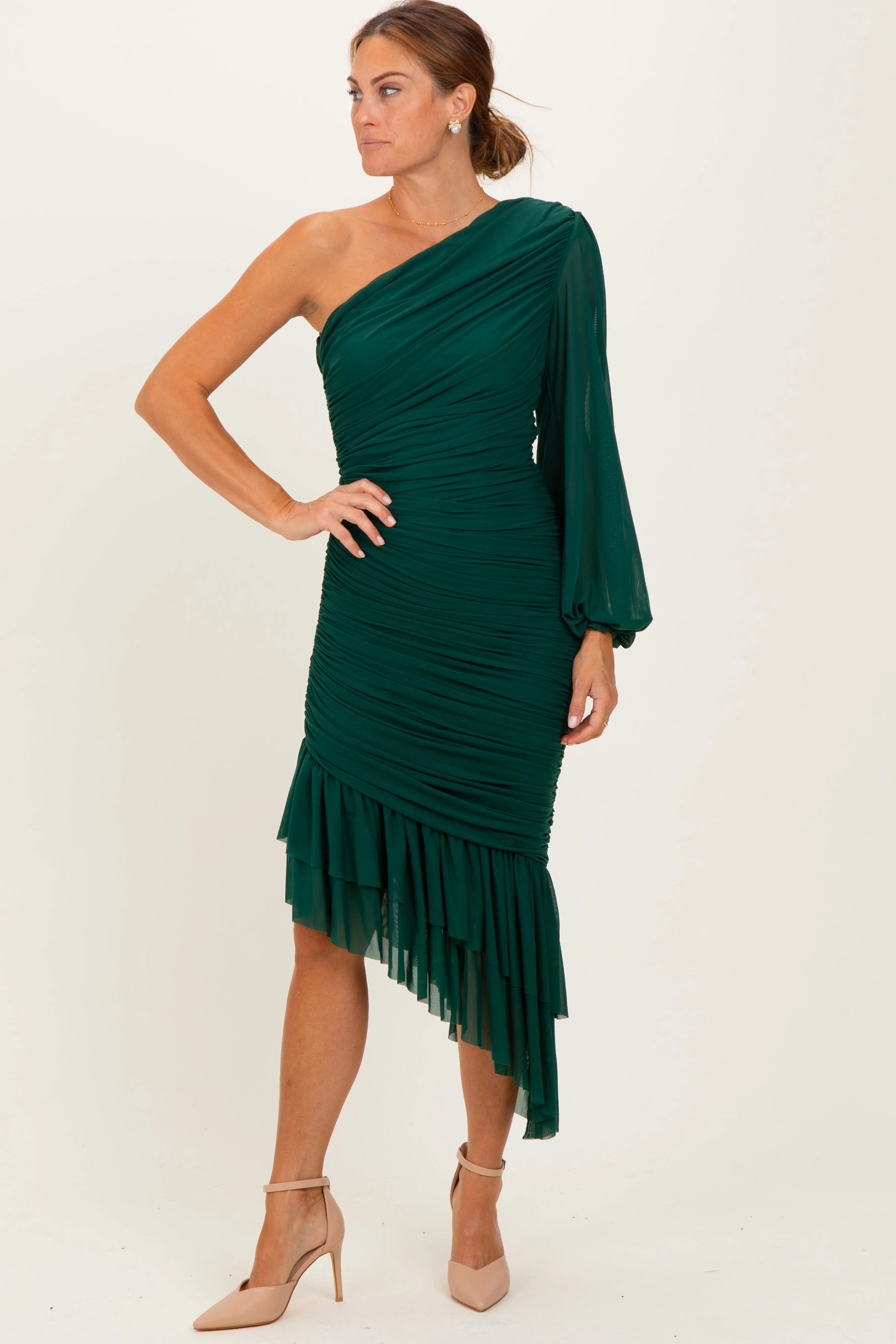 Forest Green Mesh Ruched One Shoulder Asymmetric Dress sold by Pinkblush product image thumbnail 2