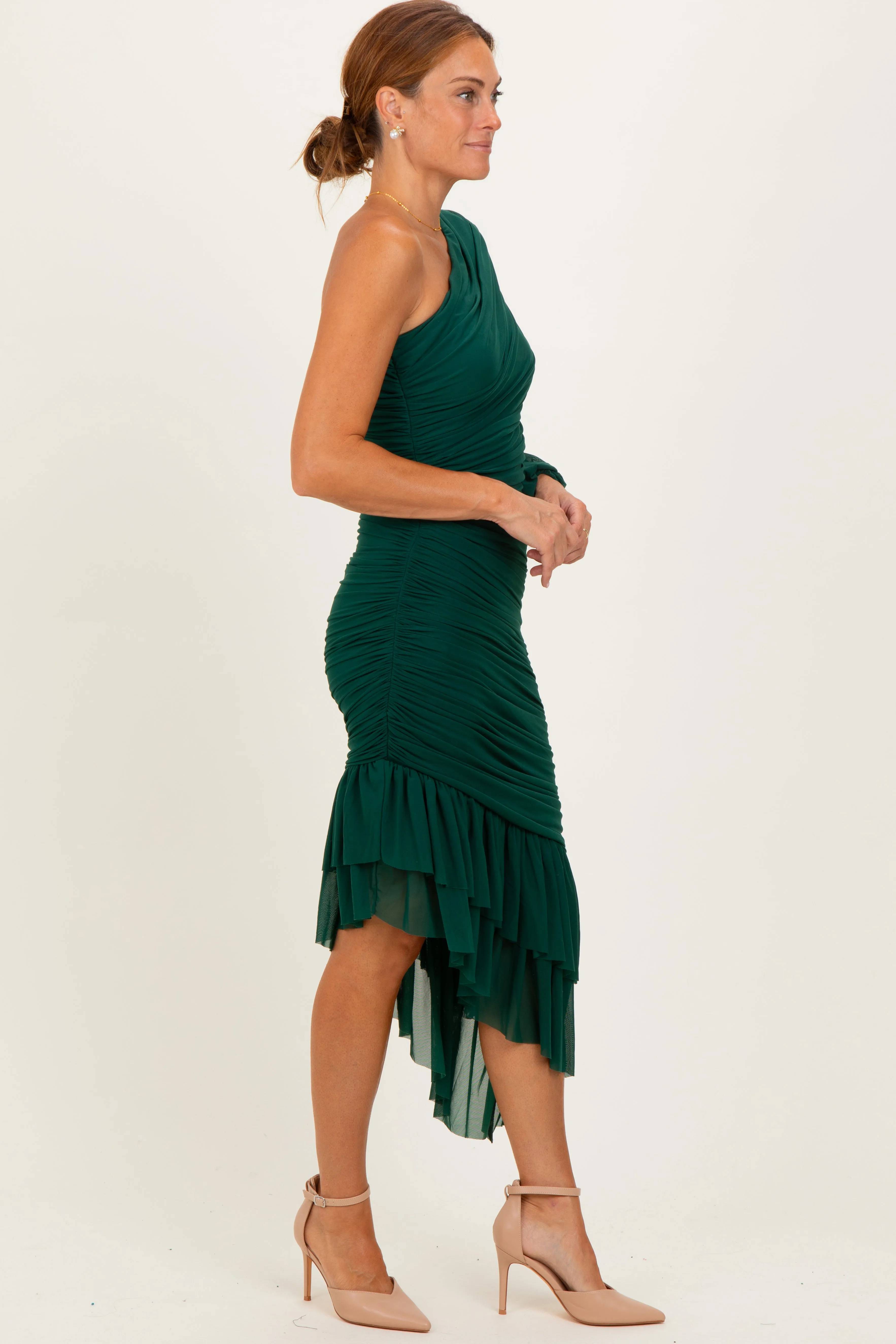 Forest Green Mesh Ruched One Shoulder Asymmetric Dress sold by Pinkblush product image thumbnail 3