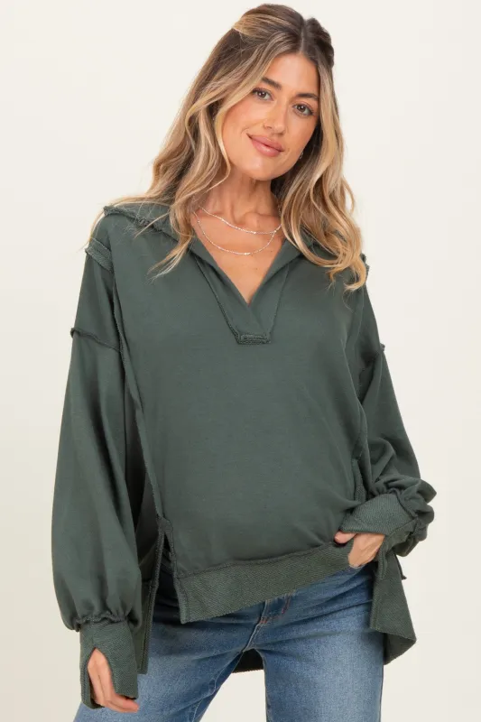 Olive Long Sleeve Reverse Stitch Collared Maternity Top sold by Pinkblush
