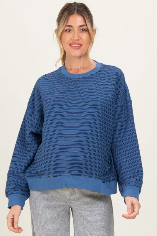 Blue Striped Knit Relaxed Fit Maternity Pullover sold by Pinkblush