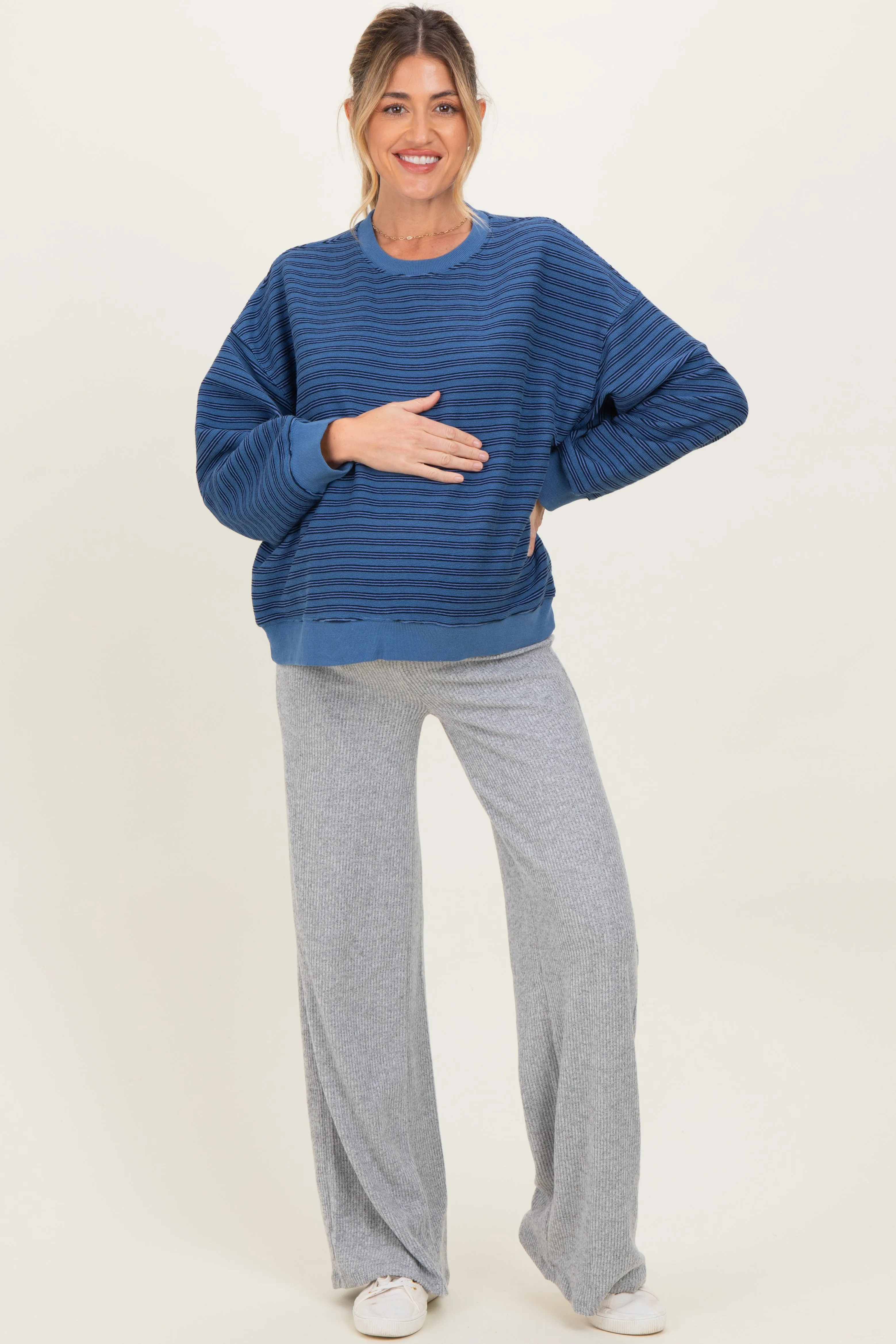 Blue Striped Knit Relaxed Fit Maternity Pullover sold by Pinkblush product image thumbnail 2