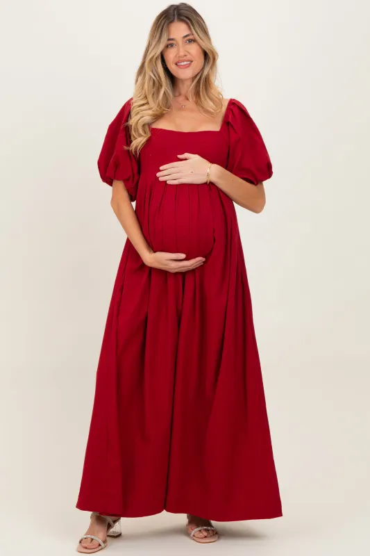 Burgundy Square Neck Puff Sleeve Maternity Maxi Dress sold by Pinkblush