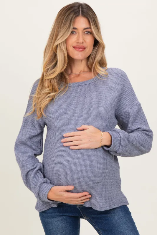 Denim Blue Puff Sleeve Solid Maternity Sweater Top sold by Pinkblush
