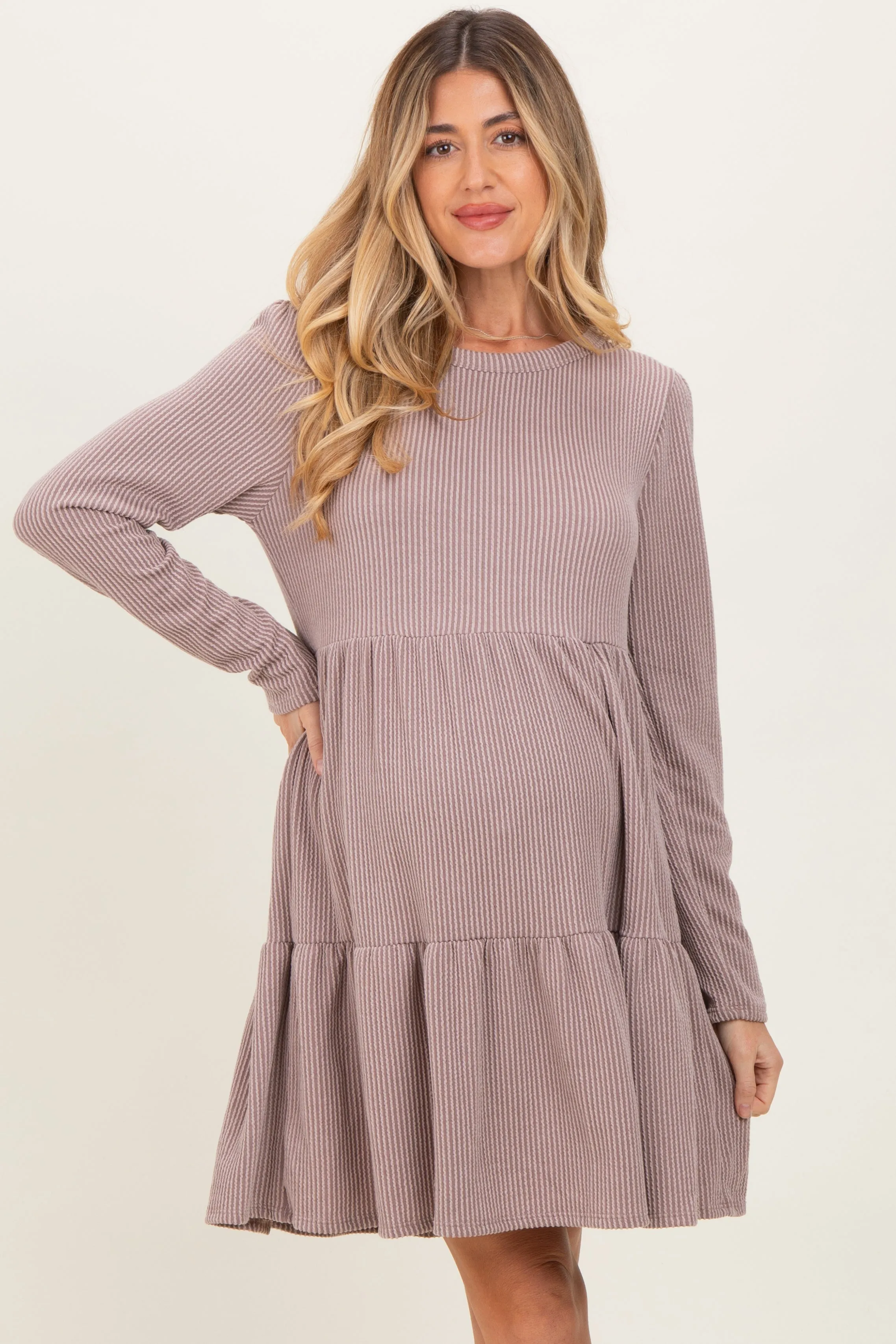 Mauve Textured Rib Tiered Long Sleeve Maternity Dress sold by Pinkblush product image thumbnail 2