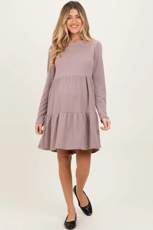 Mauve Textured Rib Tiered Long Sleeve Maternity Dress sold by Pinkblush