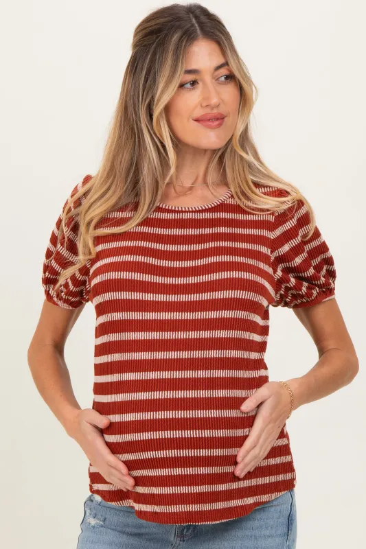 Rust Textured Knit Striped Puff Sleeve Maternity Top sold by Pinkblush