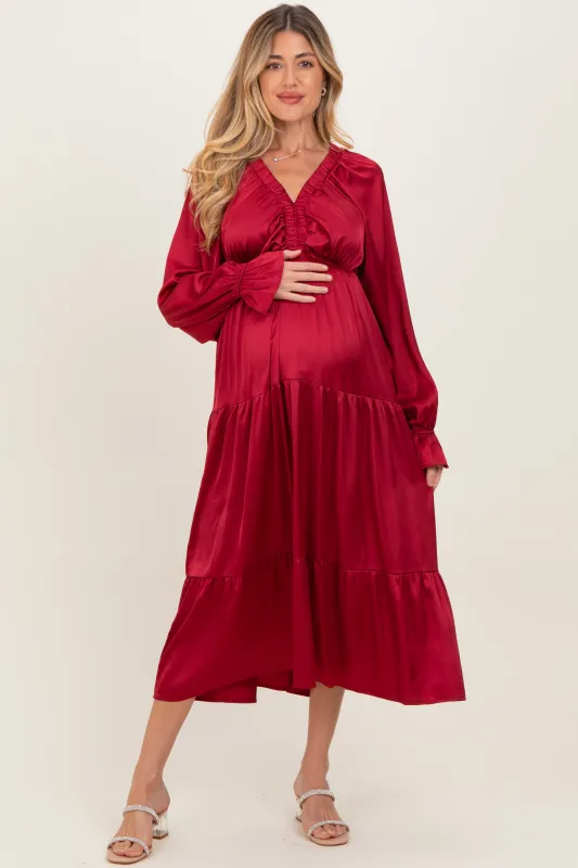 Burgundy Solid V-Neck Satin Long Sleeve Maternity Maxi Dress sold by Pinkblush