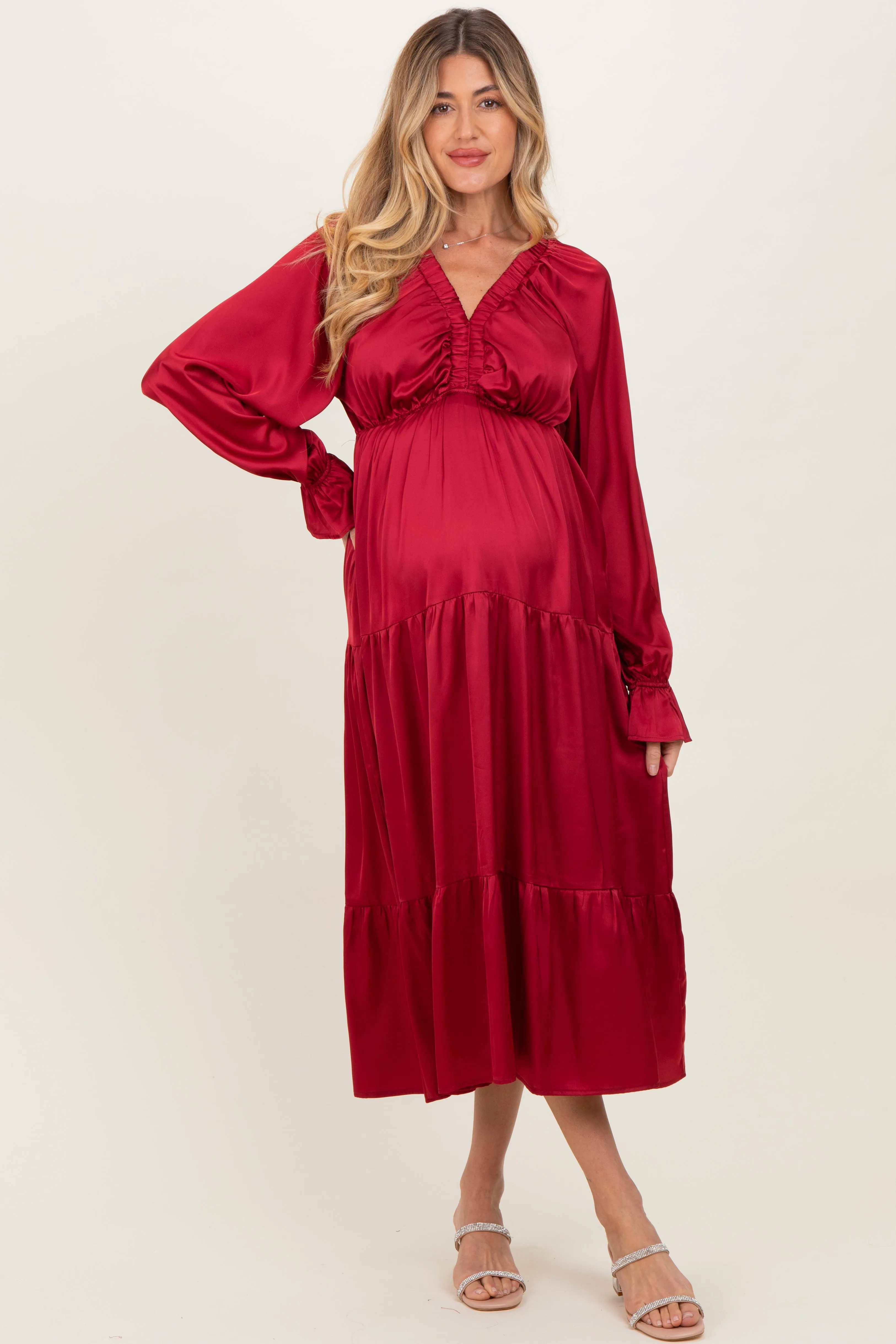 Burgundy Solid V-Neck Satin Long Sleeve Maternity Maxi Dress sold by Pinkblush product image thumbnail 2