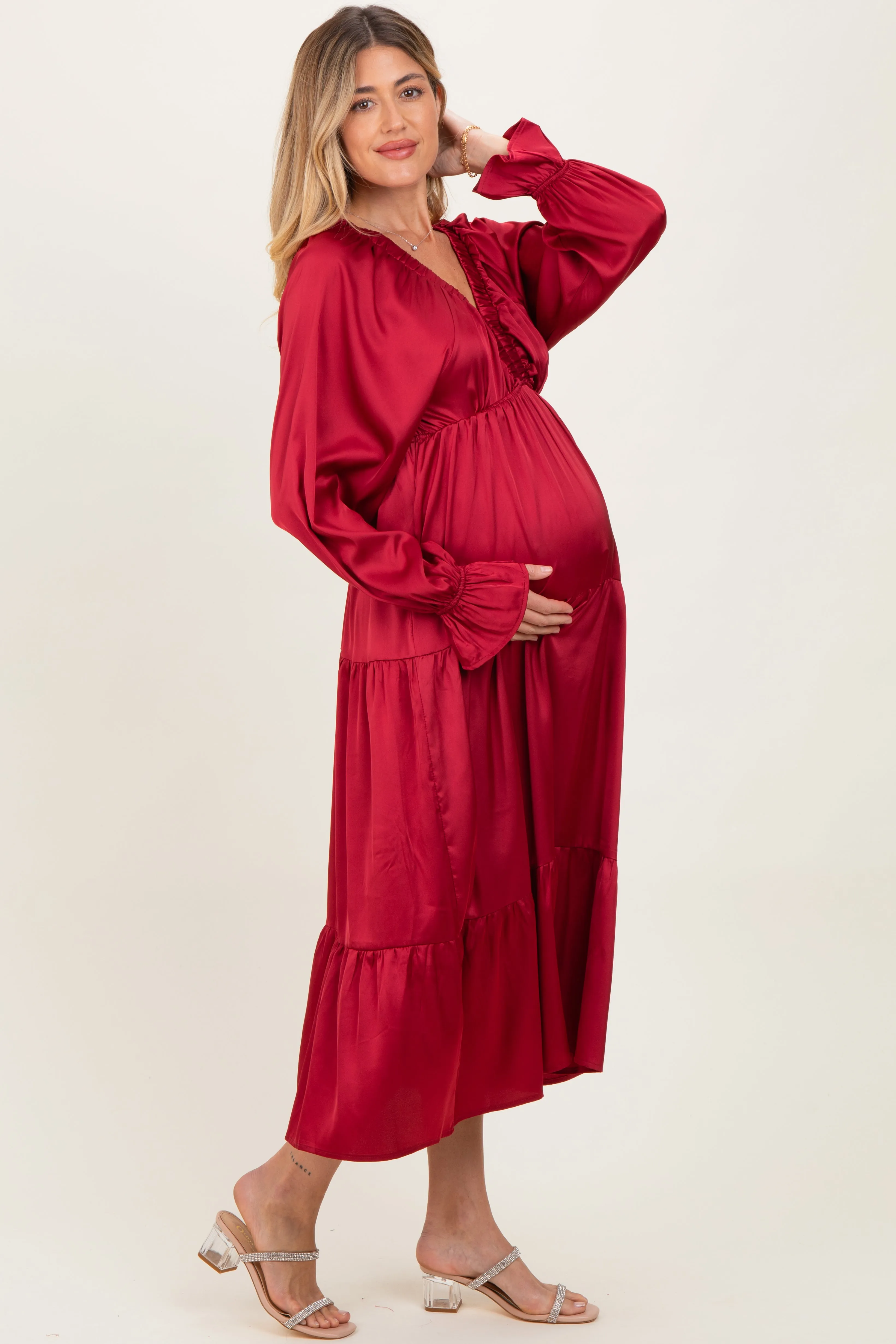 Burgundy Solid V-Neck Satin Long Sleeve Maternity Maxi Dress sold by Pinkblush product image thumbnail 3