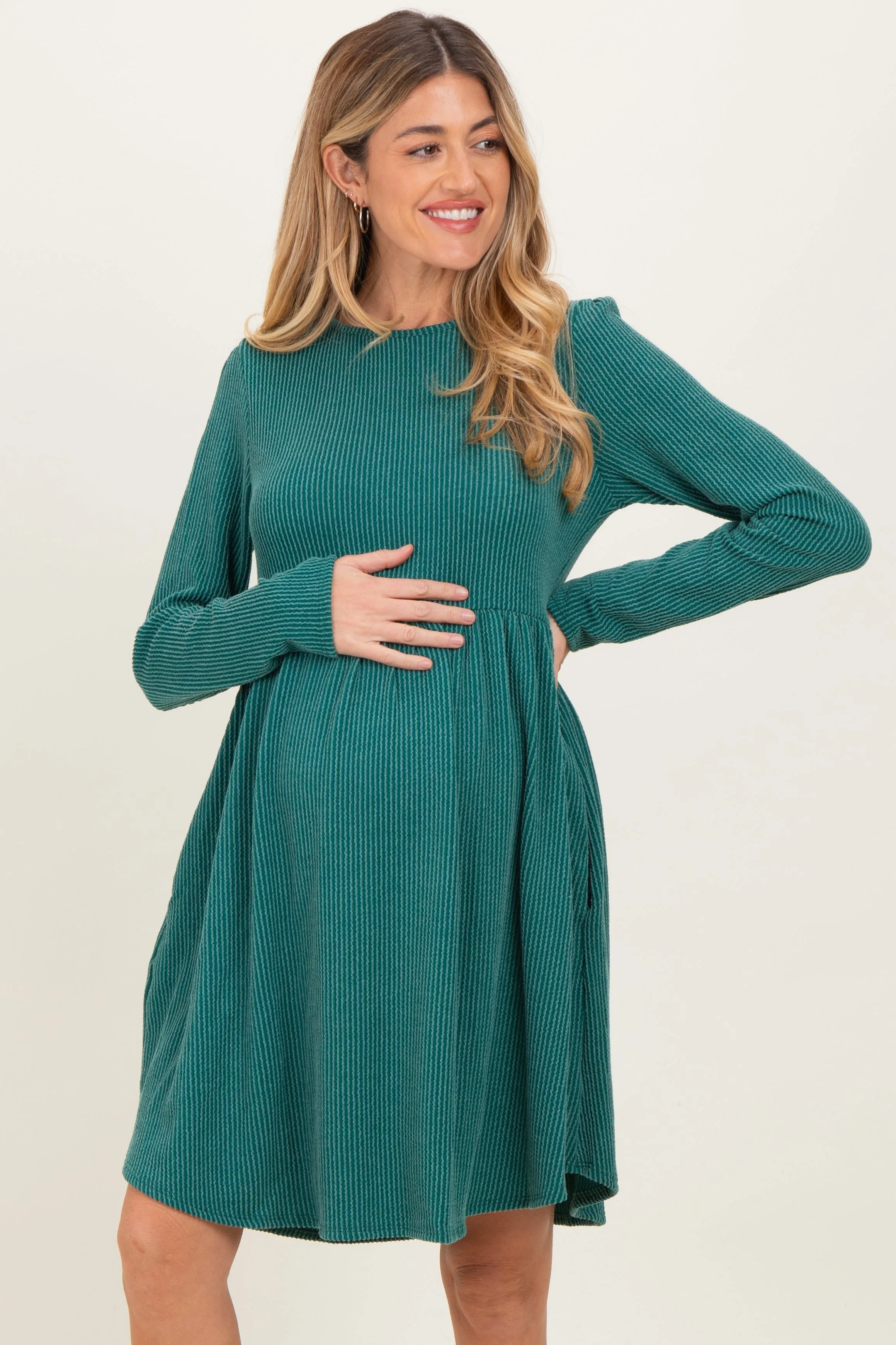 Forest Green Textured Rib Long Sleeve Maternity Dress sold by Pinkblush product image thumbnail 2