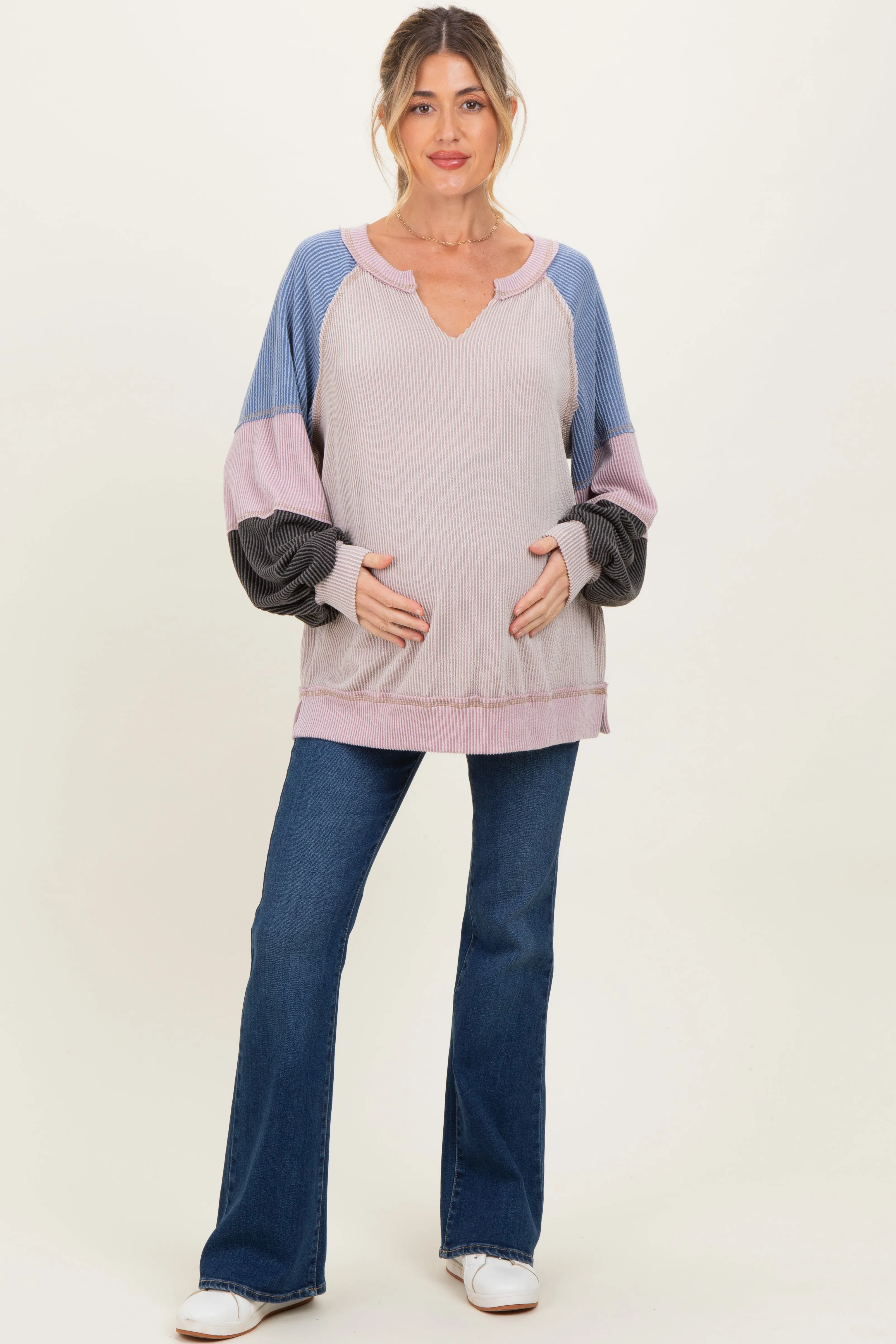 Mauve Color Block Long Sleeve V-Neck Maternity Top sold by Pinkblush product image thumbnail 2