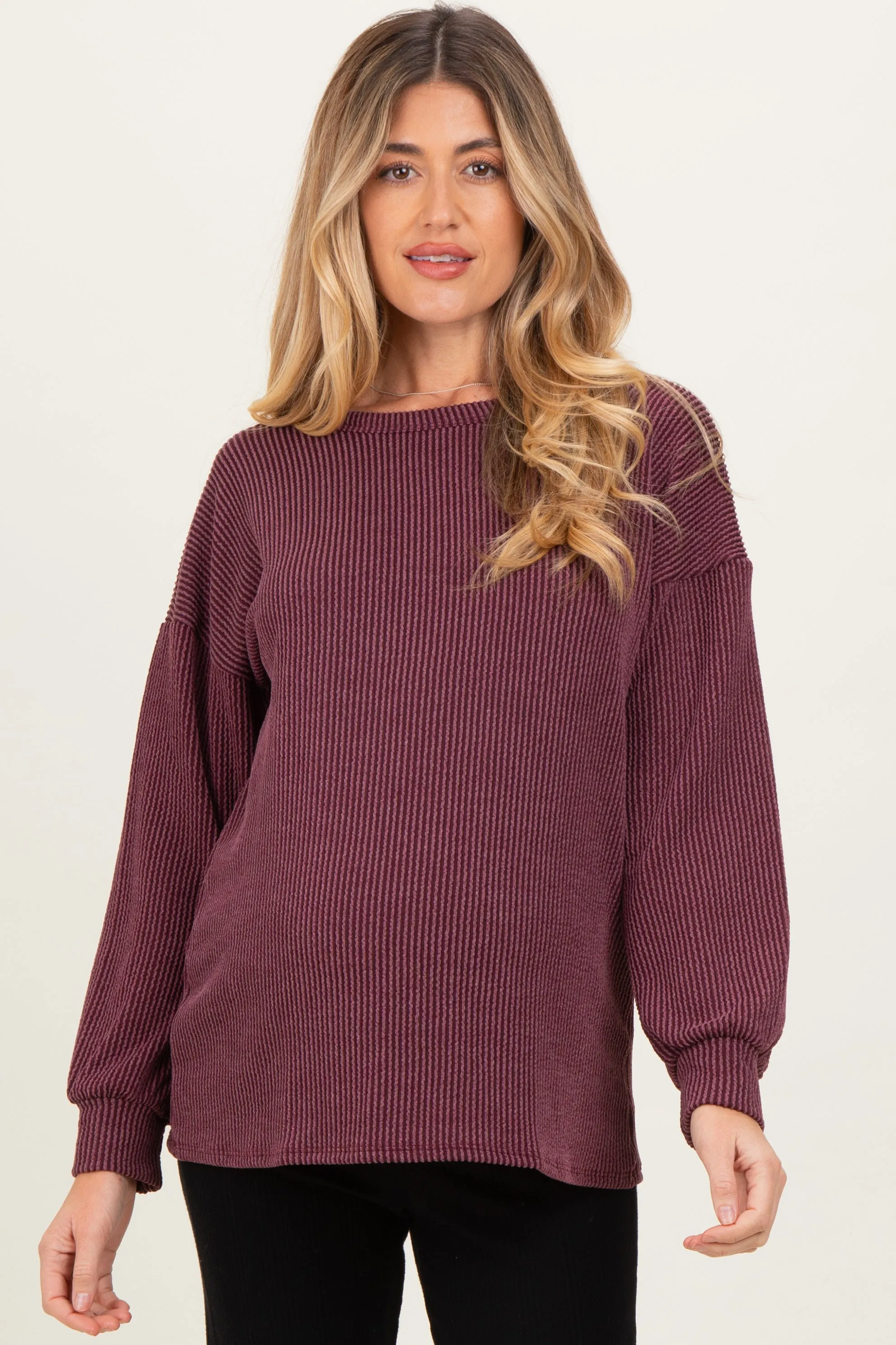 Burgundy Puff Sleeve Solid Ribbed Maternity Top sold by Pinkblush