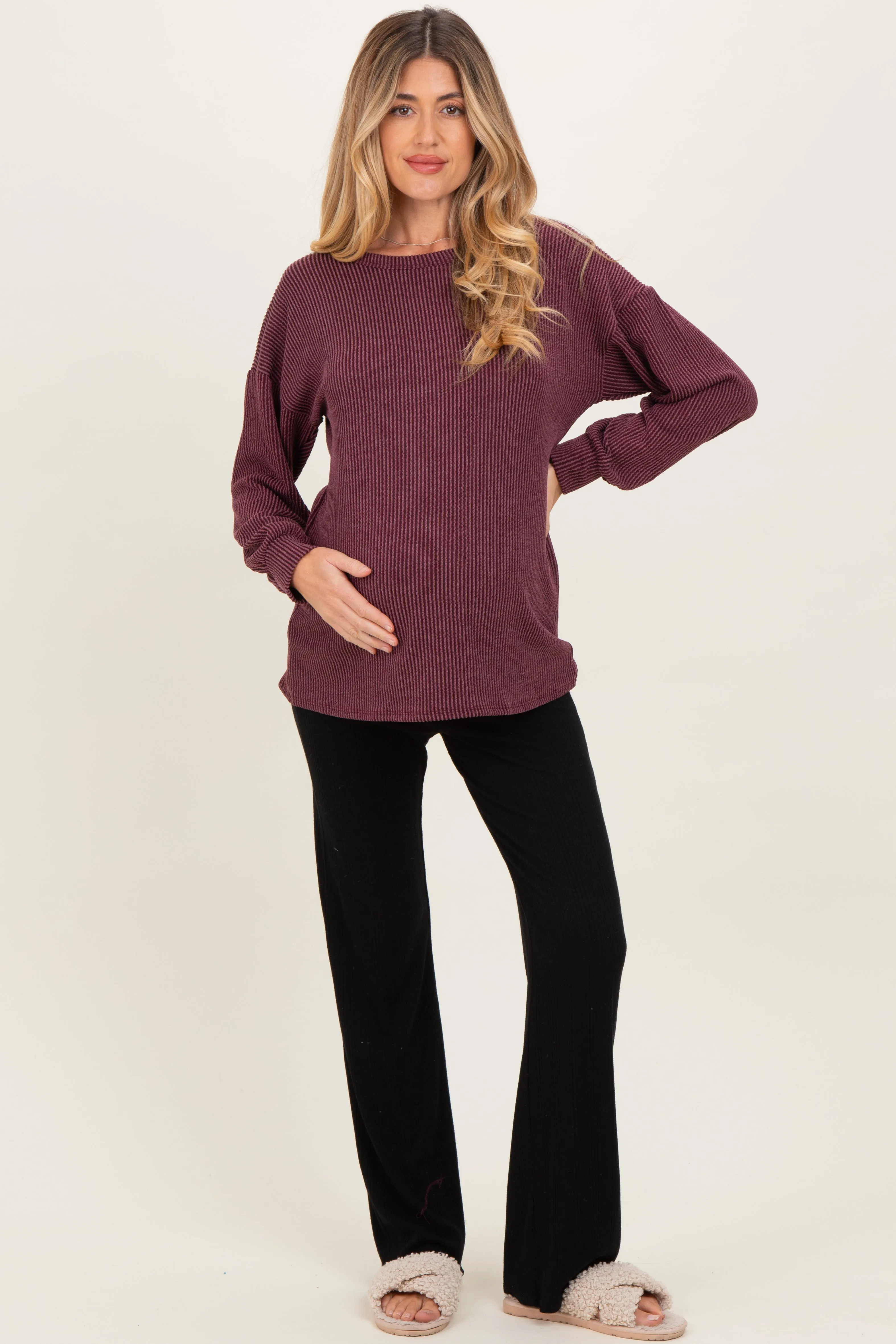 Burgundy Puff Sleeve Solid Ribbed Maternity Top sold by Pinkblush product image thumbnail 2