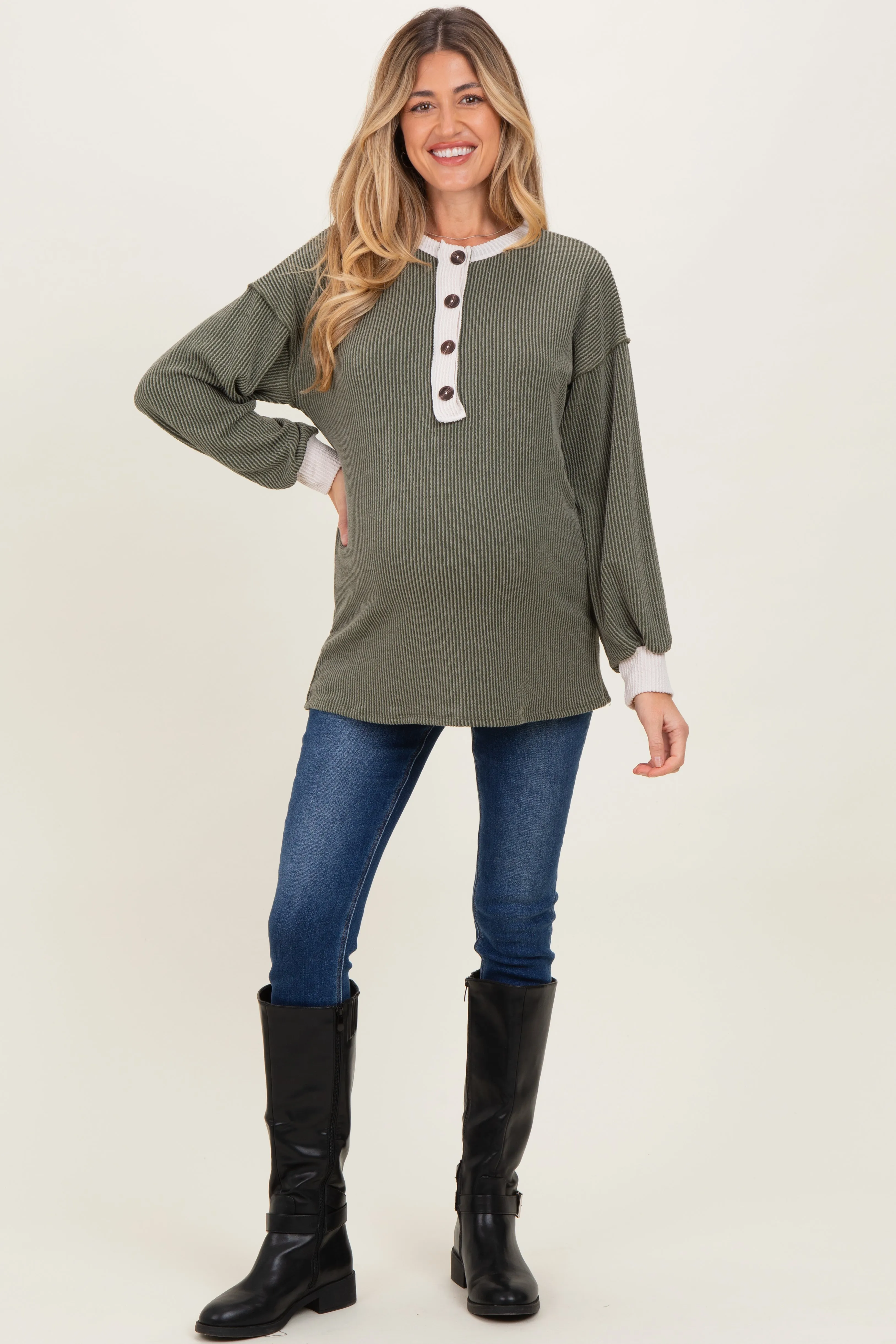 Olive Long Sleeve Contrast Button Detail Rib Maternity Top sold by Pinkblush product image thumbnail 2