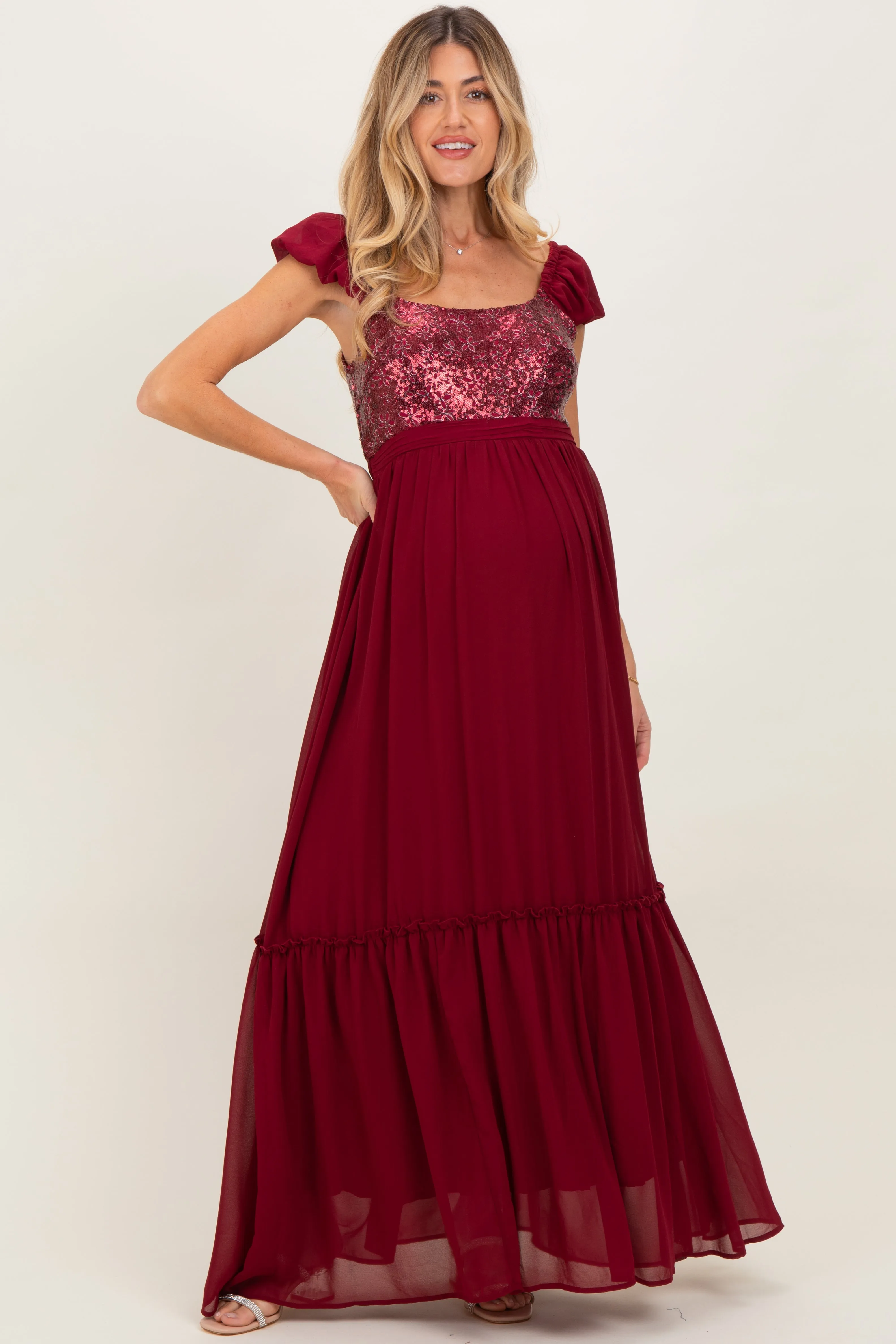 Burgundy Chiffon Sequin Bodice Maternity Maxi Dress sold by Pinkblush product image thumbnail 2